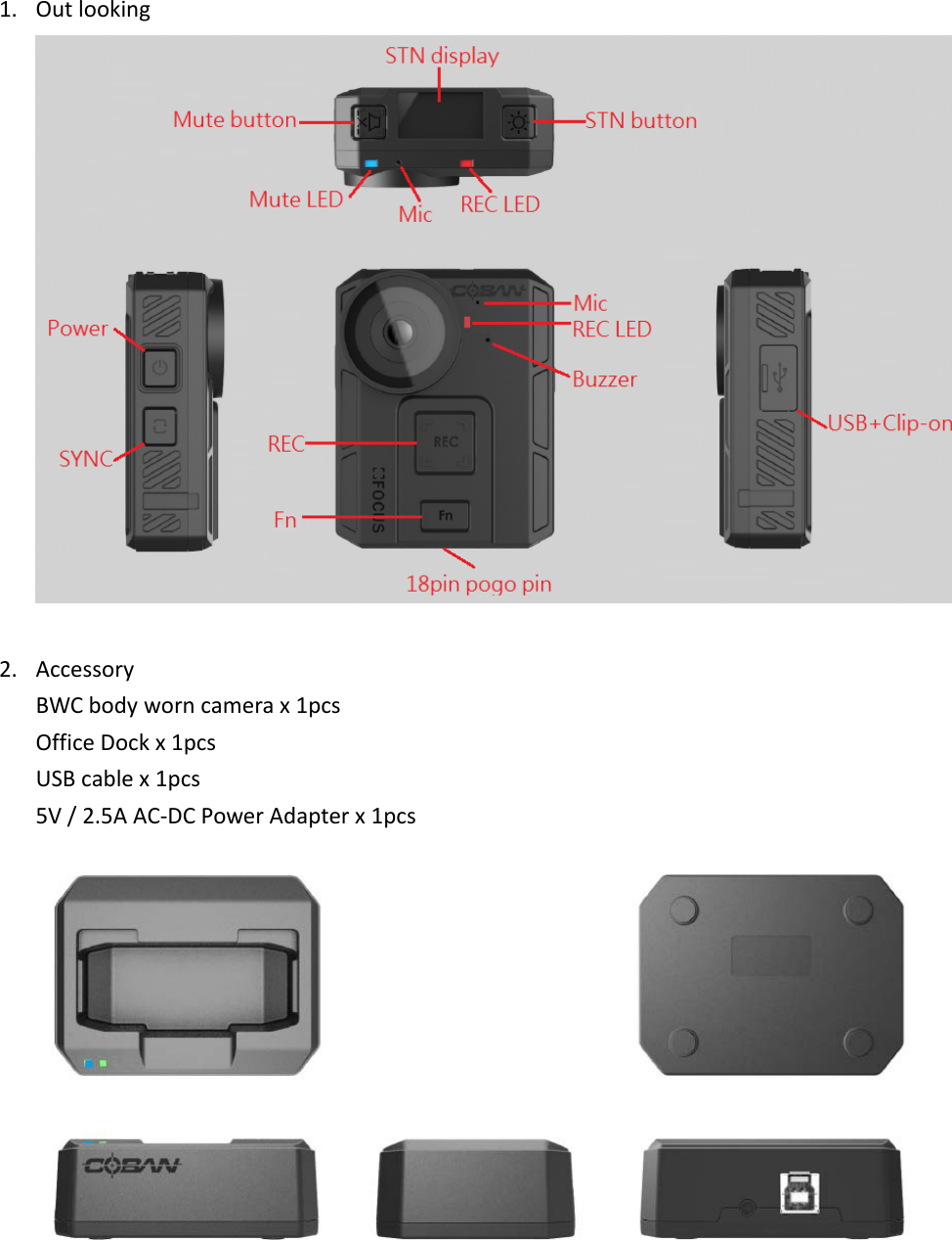 1. Out looking2. AccessoryBWC body worn camera x 1pcsOffice Dock x 1pcsUSB cable x 1pcs5V / 2.5A AC‐DC Power Adapter x 1pcs