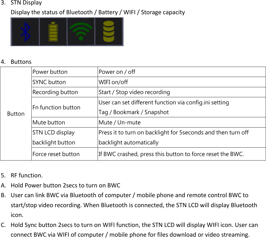 3. STN DisplayDisplay the status of Bluetooth / Battery / WIFI / Storage capacity4. ButtonsButtonPower button Power on / offSYNC button WIFI on/offRecording button Start / Stop video recordingFn function button User can set different function via config.ini settingTag / Bookmark / SnapshotMute button Mute / Un-muteSTN LCD displaybacklight buttonPress it to turn on backlight for 5seconds and then turn offbacklight automaticallyForce reset button If BWC crashed, press this button to force reset the BWC.5. RF function.A. Hold Power button 2secs to turn on BWCB. User can link BWC via Bluetooth of computer / mobile phone and remote control BWC tostart/stop video recording. When Bluetooth is connected, the STN LCD will display Bluetoothicon.C. Hold Sync button 2secs to turn on WIFI function, the STN LCD will display WIFI icon. User canconnect BWC via WIFI of computer / mobile phone for files download or video streaming.