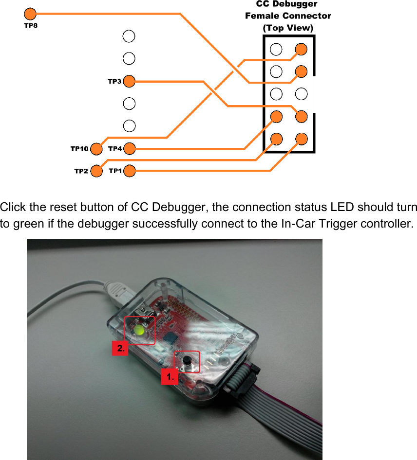  Click the reset button of CC Debugger, the connection status LED should turn to green if the debugger successfully connect to the In-Car Trigger controller.      