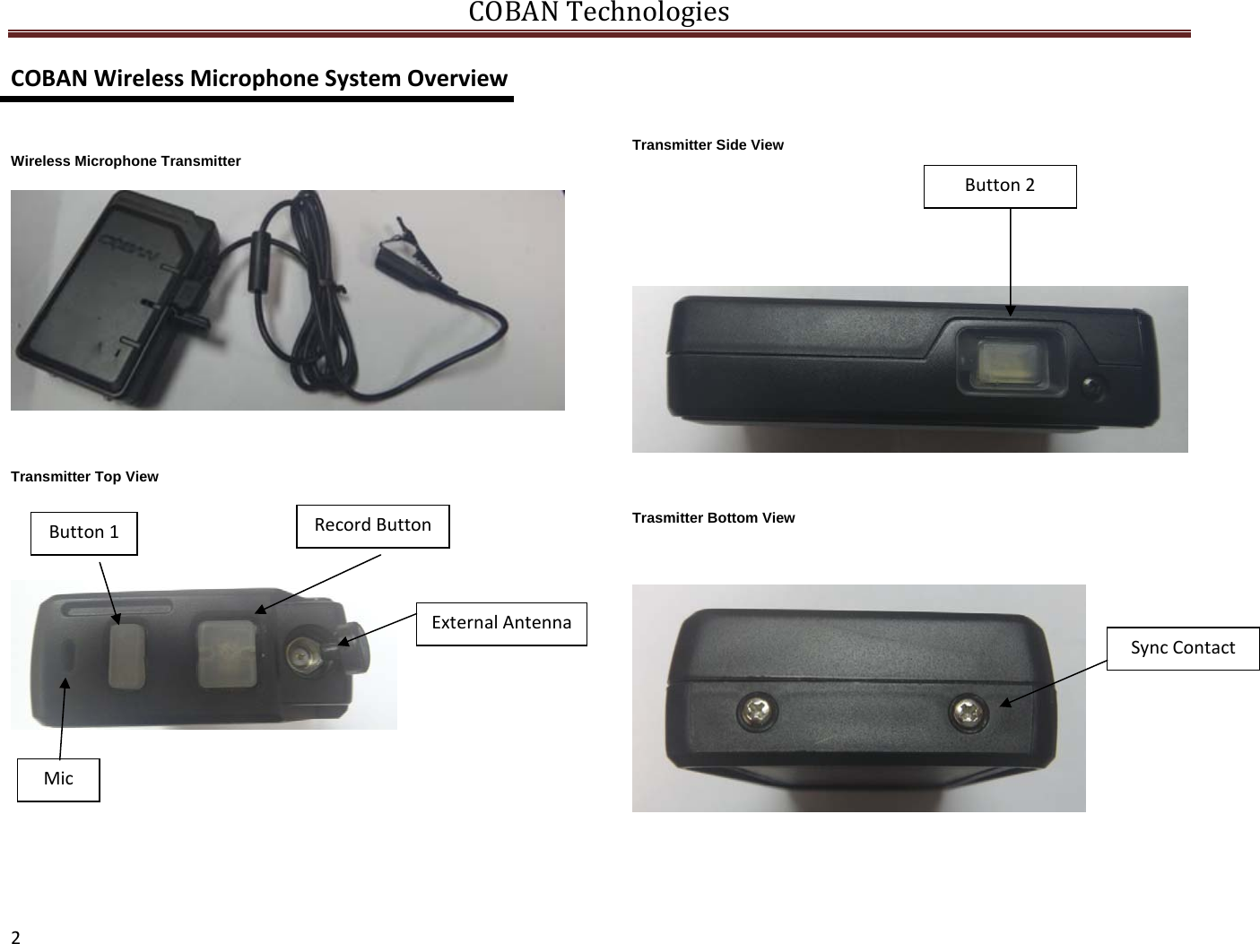 COBANTechnologies2COBANWirelessMicrophoneSystemOverview Wireless Microphone Transmitter                    Transmitter Top View          Transmitter Side View      Trasmitter Bottom View     RecordButtonButton1ExternalAntennaMicButton2SyncContact