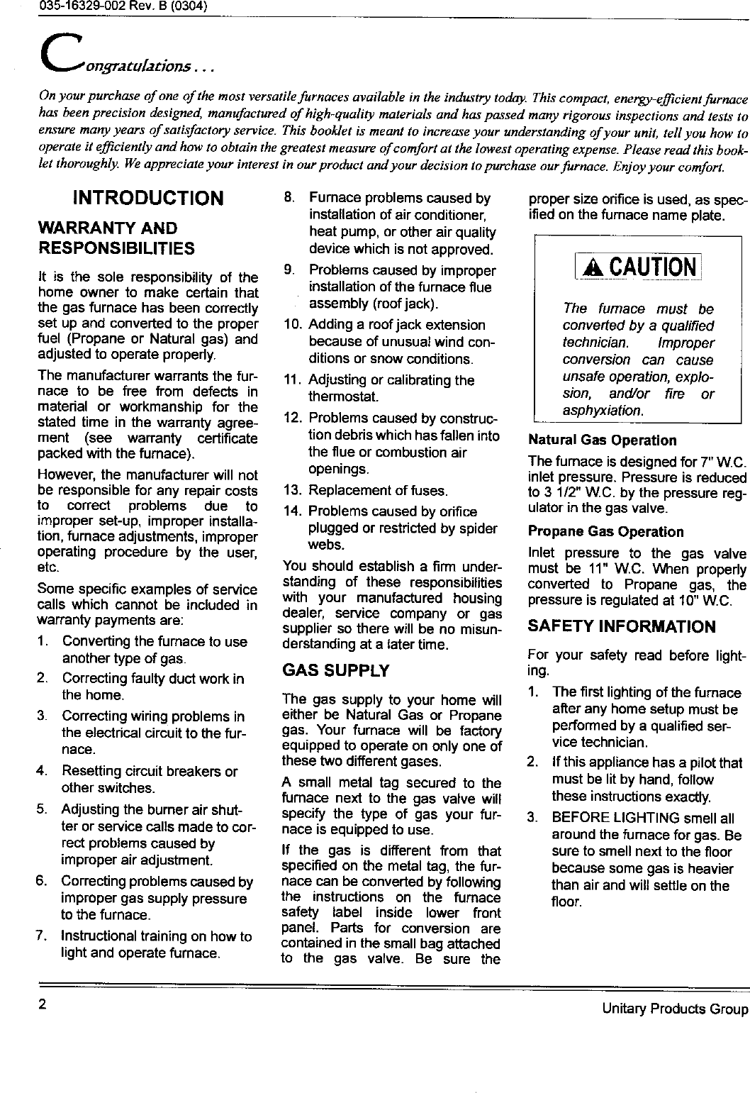 Page 2 of 8 - COLEMAN Furnace/Heater, Gas Manual L0611387