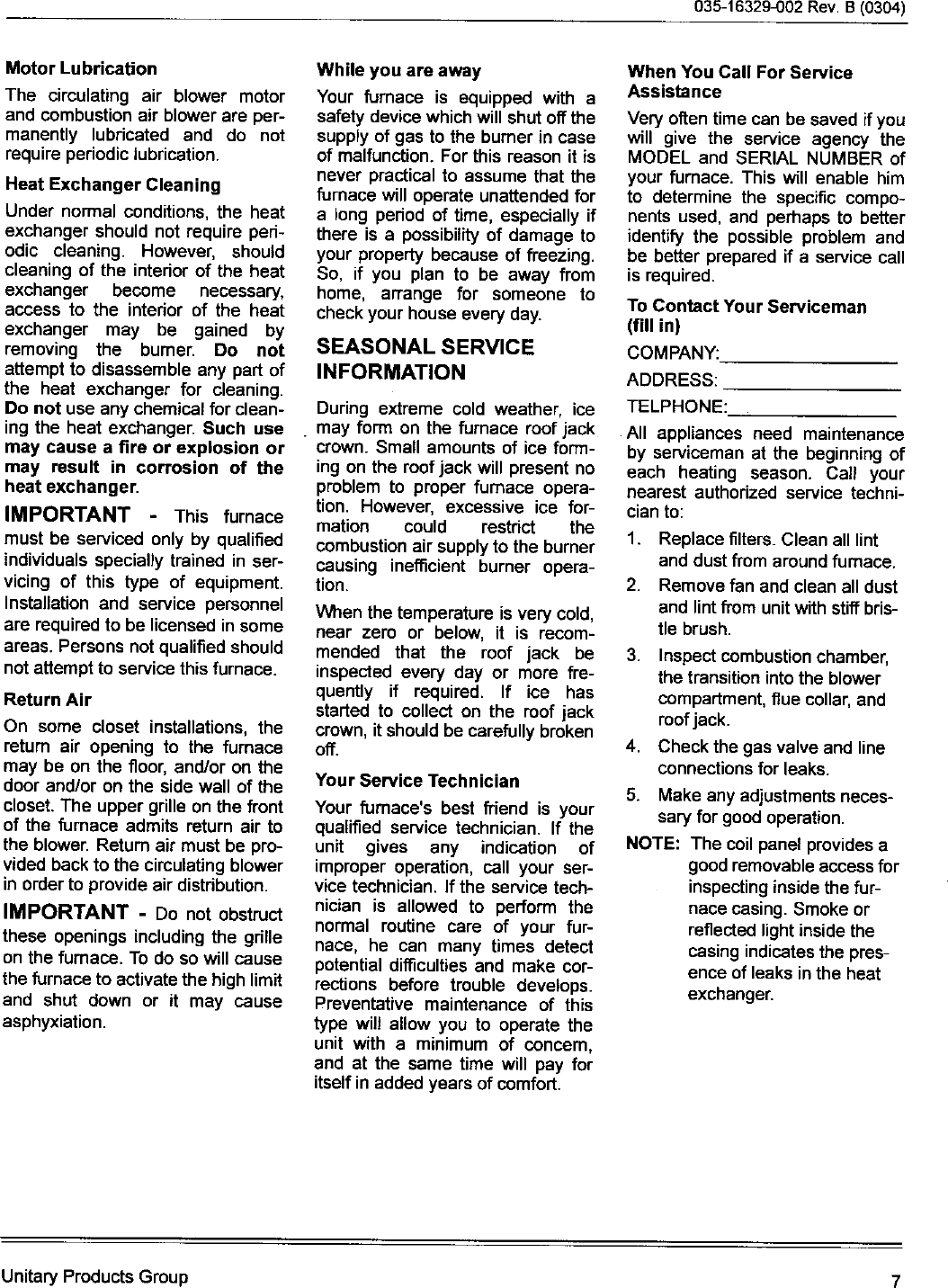 Page 7 of 8 - COLEMAN Furnace/Heater, Gas Manual L0611387