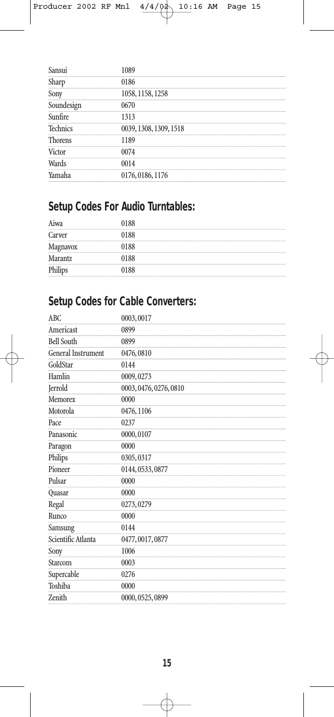 Sansui 1089Sharp 0186Sony 1058, 1158, 1258Soundesign 0670Sunfire 1313Technics 0039, 1308, 1309, 1518Thorens 1189Victor 0074Wards 0014Yamaha 0176, 0186, 1176Setup Codes For Audio Turntables:Aiwa 0188Carver 0188Magnavox 0188Marantz 0188Philips 0188Setup Codes for Cable Converters:ABC 0003, 0017Americast 0899Bell South 0899General Instrument 0476, 0810GoldStar 0144Hamlin 0009, 0273Jerrold 0003, 0476, 0276, 0810Memorex 0000Motorola 0476, 1106Pace 0237Panasonic 0000, 0107Paragon 0000Philips 0305, 0317Pioneer 0144, 0533, 0877Pulsar 0000Quasar 0000Regal 0273, 0279Runco 0000Samsung 0144Scientific Atlanta 0477, 0017,0877Sony 1006Starcom 0003Supercable 0276Toshiba 0000Zenith 0000, 0525, 089915Producer 2002 RF Mnl  4/4/02  10:16 AM  Page 15