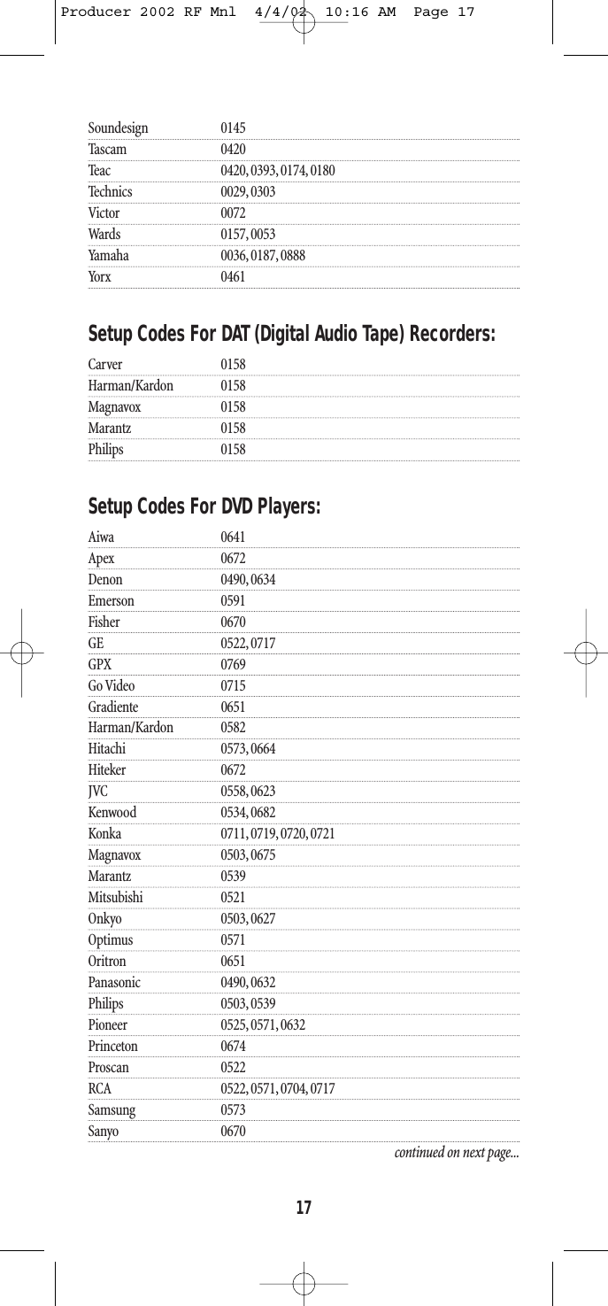Soundesign 0145Tascam 0420Teac 0420, 0393, 0174, 0180Technics 0029, 0303Victor 0072Wards 0157, 0053Yamaha 0036, 0187, 0888Yorx 0461Setup Codes For DAT (Digital Audio Tape) Recorders:Carver 0158Harman/Kardon 0158Magnavox 0158Marantz 0158Philips 0158Setup Codes For DVD Players:Aiwa 0641Apex 0672Denon 0490, 0634Emerson 0591Fisher 0670GE 0522, 0717GPX 0769Go Video 0715Gradiente 0651Harman/Kardon 0582Hitachi 0573, 0664Hiteker 0672JVC 0558, 0623Kenwood 0534, 0682Konka 0711, 0719, 0720, 0721Magnavox 0503, 0675Marantz 0539Mitsubishi 0521Onkyo 0503, 0627Optimus 0571Oritron 0651Panasonic 0490, 0632Philips 0503, 0539Pioneer 0525, 0571, 0632Princeton 0674Proscan 0522RCA 0522, 0571, 0704, 0717Samsung 0573Sanyo 0670continued on next page...17Producer 2002 RF Mnl  4/4/02  10:16 AM  Page 17