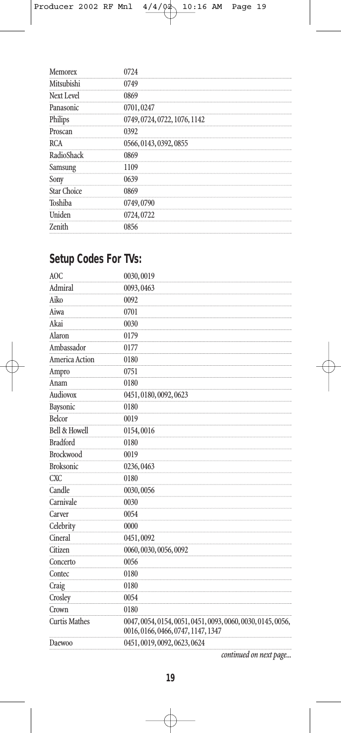 Memorex 0724Mitsubishi 0749Next Level 0869Panasonic 0701, 0247Philips 0749, 0724, 0722, 1076, 1142Proscan 0392RCA 0566, 0143, 0392, 0855RadioShack 0869Samsung 1109Sony 0639Star Choice 0869Toshiba 0749, 0790Uniden 0724, 0722Zenith 0856Setup Codes For TVs:AOC 0030, 0019Admiral 0093, 0463Aiko 0092Aiwa 0701Akai 0030Alaron 0179Ambassador 0177America Action 0180Ampro 0751Anam 0180Audiovox 0451, 0180, 0092, 0623Baysonic 0180Belcor 0019Bell &amp; Howell 0154, 0016Bradford 0180Brockwood 0019Broksonic 0236, 0463CXC 0180Candle 0030, 0056Carnivale 0030Carver 0054Celebrity 0000Cineral 0451, 0092Citizen 0060, 0030, 0056, 0092Concerto 0056Contec 0180Craig 0180Crosley 0054Crown 0180Curtis Mathes 0047, 0054, 0154, 0051, 0451, 0093, 0060, 0030, 0145, 0056,0016, 0166, 0466, 0747, 1147, 1347Daewoo 0451, 0019, 0092, 0623, 0624continued on next page...19Producer 2002 RF Mnl  4/4/02  10:16 AM  Page 19