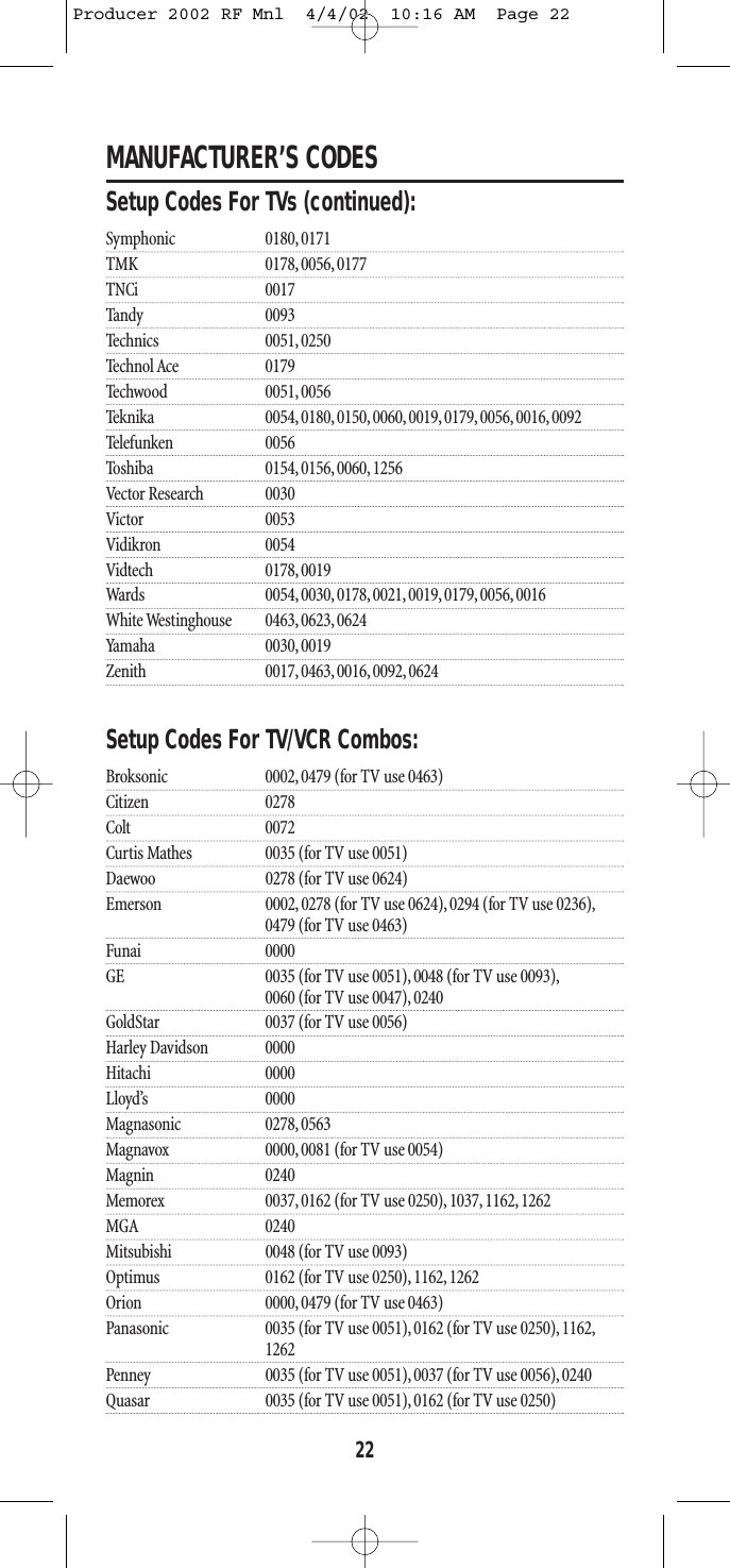 MANUFACTURER’S CODESSetup Codes For TVs (continued):Symphonic 0180, 0171TMK 0178, 0056, 0177TNCi 0017Tandy 0093Technics 0051, 0250Technol Ace 0179Techwood 0051, 0056Teknika 0054, 0180, 0150, 0060, 0019, 0179, 0056, 0016, 0092Telefunken 0056Toshiba 0154, 0156, 0060, 1256Vector Research 0030Victor 0053Vidikron 0054Vidtech 0178, 0019Wards 0054, 0030, 0178, 0021, 0019, 0179, 0056, 0016White Westinghouse 0463, 0623,0624Yamaha 0030, 0019Zenith 0017, 0463, 0016, 0092, 0624Setup Codes For TV/VCR Combos:Broksonic 0002, 0479 (for TV use 0463)Citizen 0278Colt 0072Curtis Mathes 0035 (for TV use 0051)Daewoo 0278 (for TV use 0624)Emerson 0002, 0278 (for TV use 0624), 0294 (for TV use 0236),0479 (for TV use 0463)Funai 0000GE 0035 (for TV use 0051), 0048 (for TV use 0093),0060 (for TV use 0047), 0240GoldStar 0037 (for TV use 0056)Harley Davidson 0000Hitachi 0000Lloyd’s 0000Magnasonic 0278, 0563Magnavox 0000, 0081 (for TV use 0054)Magnin 0240Memorex 0037, 0162 (for TV use 0250), 1037, 1162, 1262MGA 0240Mitsubishi 0048 (for TV use 0093)Optimus 0162 (for TV use 0250), 1162, 1262Orion 0000, 0479 (for TV use 0463)Panasonic 0035 (for TV use 0051), 0162 (for TV use 0250), 1162,1262Penney 0035 (for TV use 0051), 0037 (for TV use 0056), 0240Quasar 0035 (for TV use 0051), 0162 (for TV use 0250)22Producer 2002 RF Mnl  4/4/02  10:16 AM  Page 22