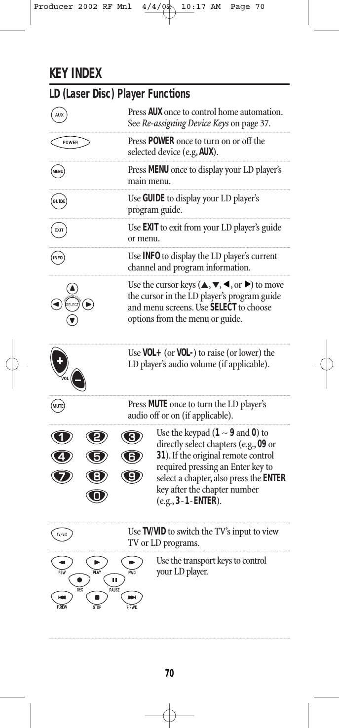 KEY INDEXLD (Laser Disc) Player FunctionsPress AUX once to control home automation.See Re-assigning Device Keys on page 37.Press POWER once to turn on or off theselected device (e.g, AUX).Press MENU once to display your LD player’smain menu.Use GUIDEto display your LD player’s program guide.Use EXITto exit from your LD player’s guideor menu.Use INFOto display the LD player’s current channel and program information.Use the cursor keys (▲,▼,,or) to movethe cursor in the LD player’s program guideand menu screens. Use SELECTto chooseoptions from the menu or guide.Use VOL+(or VOL-) to raise (or lower) theLD player’s audio volume (if applicable).Press MUTE once to turn the LD player’saudio off or on (if applicable).Use the keypad (1~ 9and 0) todirectly select chapters (e.g., 09or31). If the original remote controlrequired pressing an Enter key toselect a chapter, also press the ENTERkey after the chapter number (e.g., 3-1-ENTER).Use TV/VIDto switch the TV’s input to viewTV or LD programs.Use the transport keys to control your LD player.▲▲70Producer 2002 RF Mnl  4/4/02  10:17 AM  Page 70