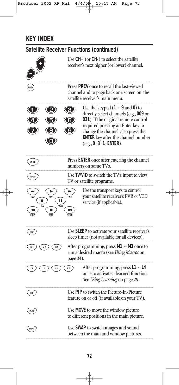 KEY INDEXSatellite Receiver Functions (continued)Use CH+(or CH-) to select the satellite receiver’s next higher (or lower) channel.Press PREV once to recall the last-viewedchannel and to page back one screen on  thesatellite receiver’s main menu.Use the keypad (1~ 9and 0) todirectly select channels (e.g., 009or031). If the original remote controlrequired pressing an Enter key tochange the channel,also press theENTERkey after the channel number(e.g., 0-3-1-ENTER).Press ENTER once after entering the channelnumbers on some TVs.Use TV/VIDto switch the TV’s input to viewTV or satellite programs.Use the transport keys to control your satellite receiver’s PVR or VODservice (if applicable).Use SLEEPto activate your satellite receiver’s sleep timer (not available for all devices).After programming, press M1~ M3once torun a desired macro (see Using Macros onpage 34).After programming, press L1 ~ L4once to activate a learned function.See Using Learning on page 29.Use PIPto switch the Picture-In-Picturefeature on or off (if available on your TV).Use MOVEto move the window pictureto different positions in the main picture.Use SWAP to switch images and soundbetween the main and window pictures.72Producer 2002 RF Mnl  4/4/02  10:17 AM  Page 72