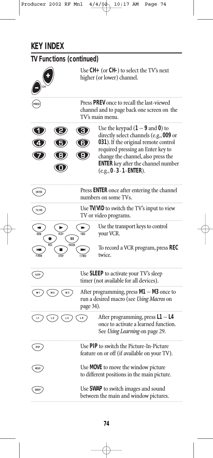 KEY INDEXTV Functions (continued)Use CH+(or CH-) to select the TV’s nexthigher (or lower) channel.Press PREV once to recall the last-viewedchannel and to page back one screen on  theTV’s main menu.Use the keypad (1~ 9and 0) todirectly select channels (e.g., 009or031). If the original remote controlrequired pressing an Enter key tochange the channel,also press theENTERkey after the channel number(e.g., 0-3-1-ENTER).Press ENTER once after entering the channelnumbers on some TVs.Use TV/VIDto switch the TV’s input to viewTV or video programs.Use the transport keys to control your VCR.To record a VCR program, press RECtwice.Use SLEEPto activate your TV’s sleeptimer (not available for all devices).After programming, press M1~ M3once torun a desired macro (see Using Macros onpage 34).After programming, press L1 ~ L4once to activate a learned function.See Using Learning on page 29.Use PIPto switch the Picture-In-Picturefeature on or off (if available on your TV).Use MOVEto move the window pictureto different positions in the main picture.Use SWAP to switch images and soundbetween the main and window pictures.74Producer 2002 RF Mnl  4/4/02  10:17 AM  Page 74