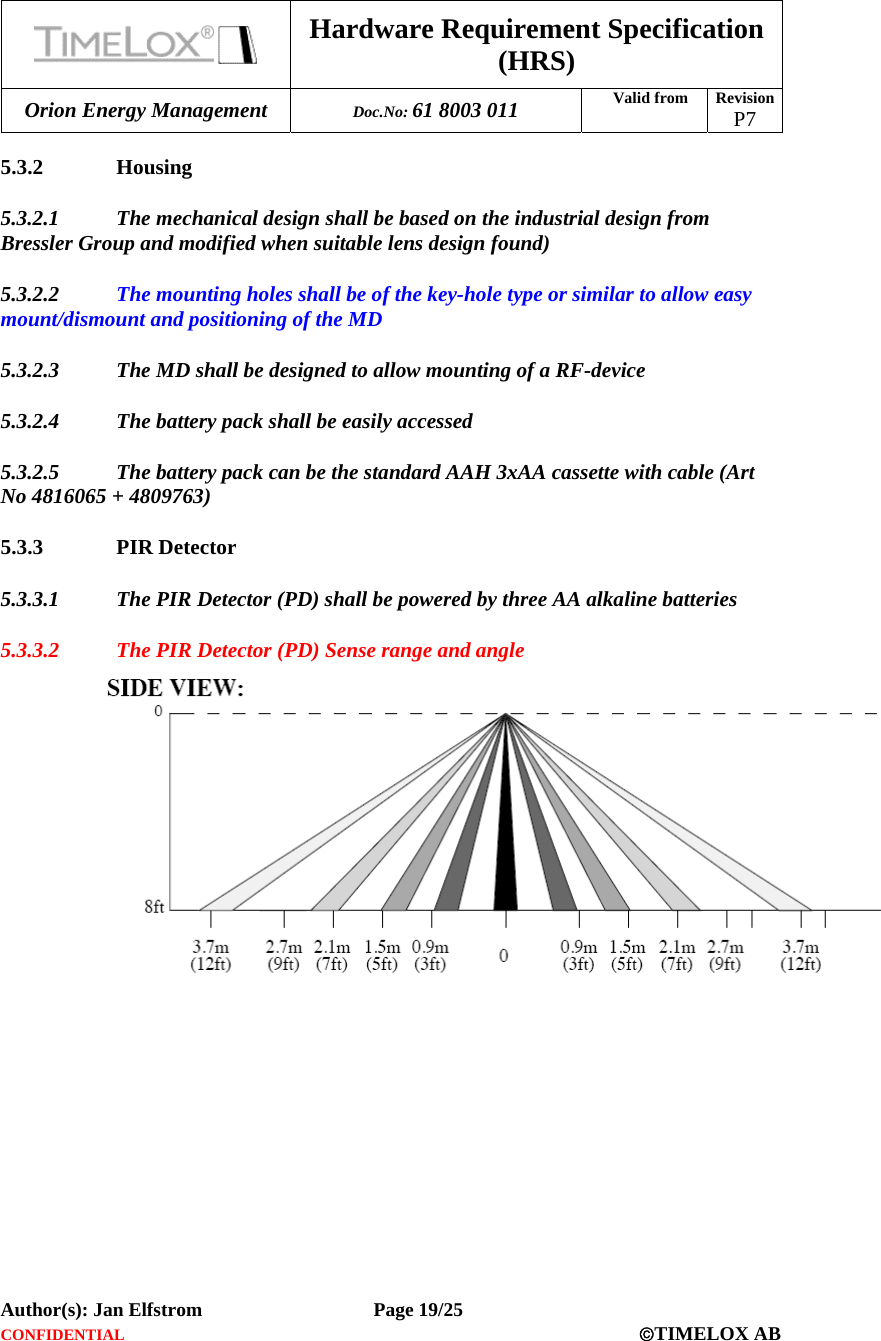  Hardware Requirement Specification (HRS) Orion Energy Management  Doc.No: 61 8003 011 Valid from  Revision  P7  Author(s): Jan Elfstrom   Page 19/25 CONFIDENTIAL  ©TIMELOX AB  5.3.2 Housing 5.3.2.1 The mechanical design shall be based on the industrial design from Bressler Group and modified when suitable lens design found) 5.3.2.2 The mounting holes shall be of the key-hole type or similar to allow easy mount/dismount and positioning of the MD  5.3.2.3 The MD shall be designed to allow mounting of a RF-device 5.3.2.4 The battery pack shall be easily accessed 5.3.2.5 The battery pack can be the standard AAH 3xAA cassette with cable (Art No 4816065 + 4809763) 5.3.3 PIR Detector 5.3.3.1 The PIR Detector (PD) shall be powered by three AA alkaline batteries 5.3.3.2 The PIR Detector (PD) Sense range and angle 