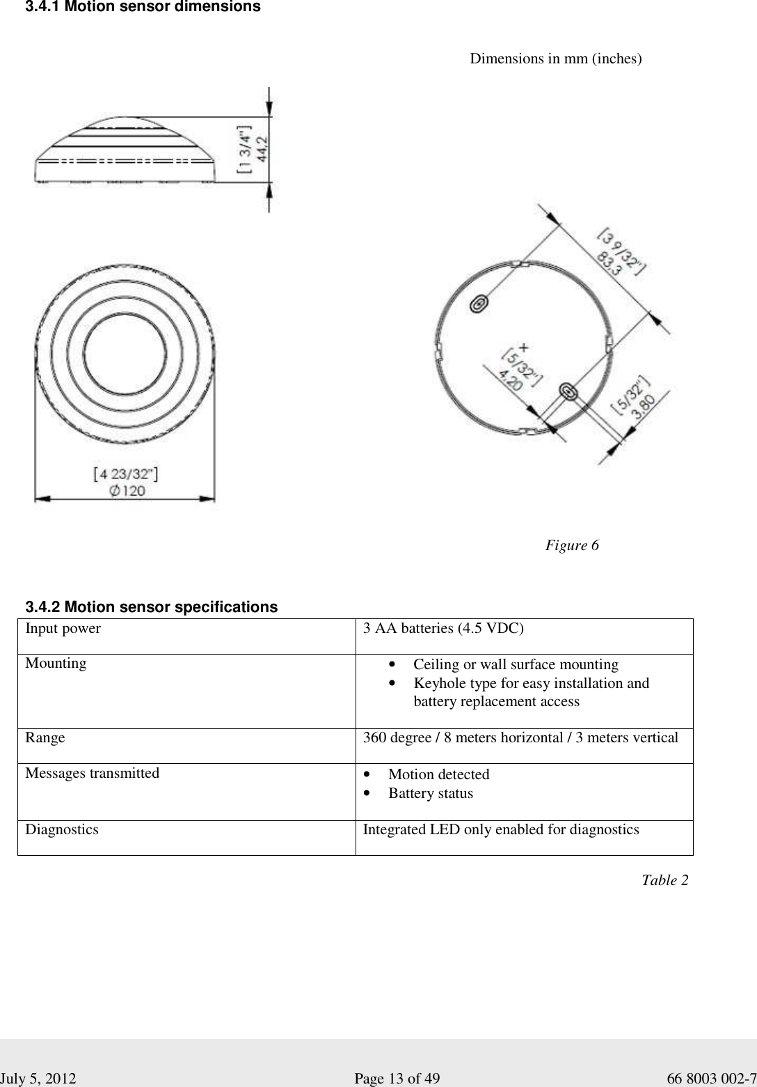  July 5, 2012                                                              Page 13 of 49                                           66 8003 002-7 3.4.1 Motion sensor dimensions      3.4.2 Motion sensor specifications Input power  3 AA batteries (4.5 VDC) Mounting  • Ceiling or wall surface mounting • Keyhole type for easy installation and battery replacement access  Range  360 degree / 8 meters horizontal / 3 meters vertical  Messages transmitted  • Motion detected • Battery status  Diagnostics  Integrated LED only enabled for diagnostics                                                                                                                                    Table 2 Figure 6 Dimensions in mm (inches) 