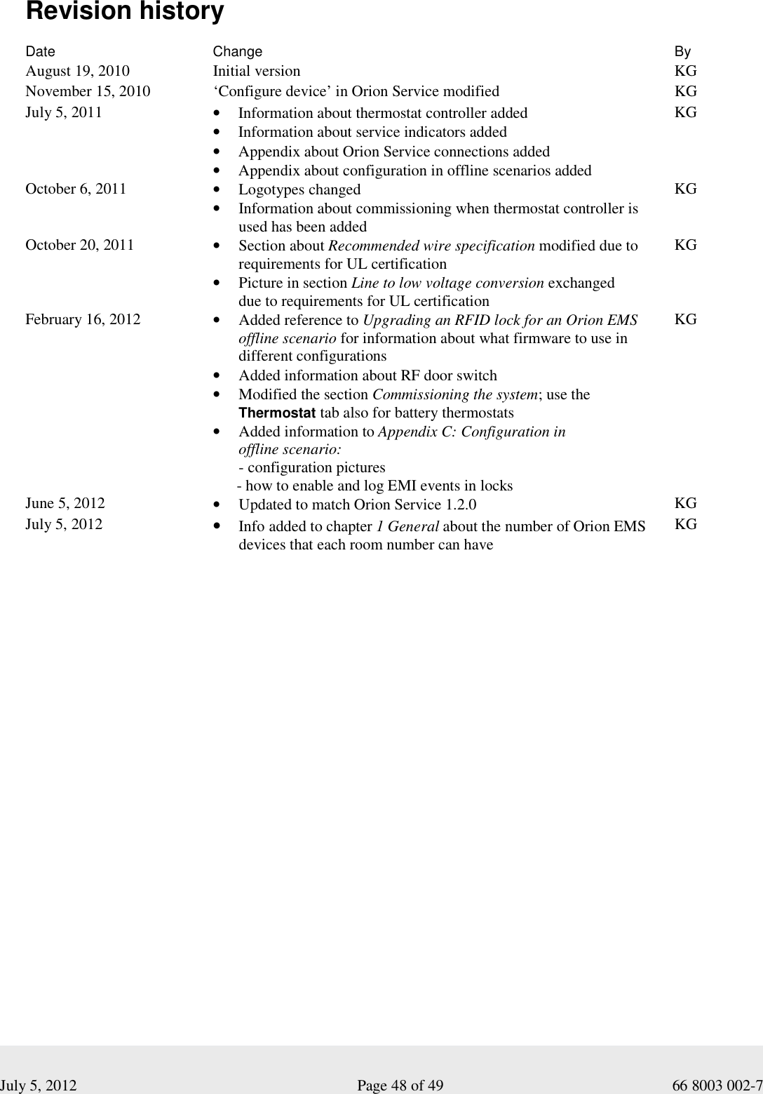  July 5, 2012                                                              Page 48 of 49                                           66 8003 002-7 Revision history  Date  Change  By August 19, 2010  Initial version  KG November 15, 2010  ‘Configure device’ in Orion Service modified  KG July 5, 2011  • Information about thermostat controller added • Information about service indicators added  • Appendix about Orion Service connections added • Appendix about configuration in offline scenarios added  KG October 6, 2011  • Logotypes changed  • Information about commissioning when thermostat controller is used has been added KG October 20, 2011  • Section about Recommended wire specification modified due to requirements for UL certification  • Picture in section Line to low voltage conversion exchanged  due to requirements for UL certification  KG February 16, 2012  • Added reference to Upgrading an RFID lock for an Orion EMS offline scenario for information about what firmware to use in different configurations • Added information about RF door switch • Modified the section Commissioning the system; use the Thermostat tab also for battery thermostats • Added information to Appendix C: Configuration in  offline scenario: - configuration pictures       - how to enable and log EMI events in locks  KG June 5, 2012  • Updated to match Orion Service 1.2.0  KG July 5, 2012 • Info added to chapter 1 General about the number of Orion EMS devices that each room number can have  KG    