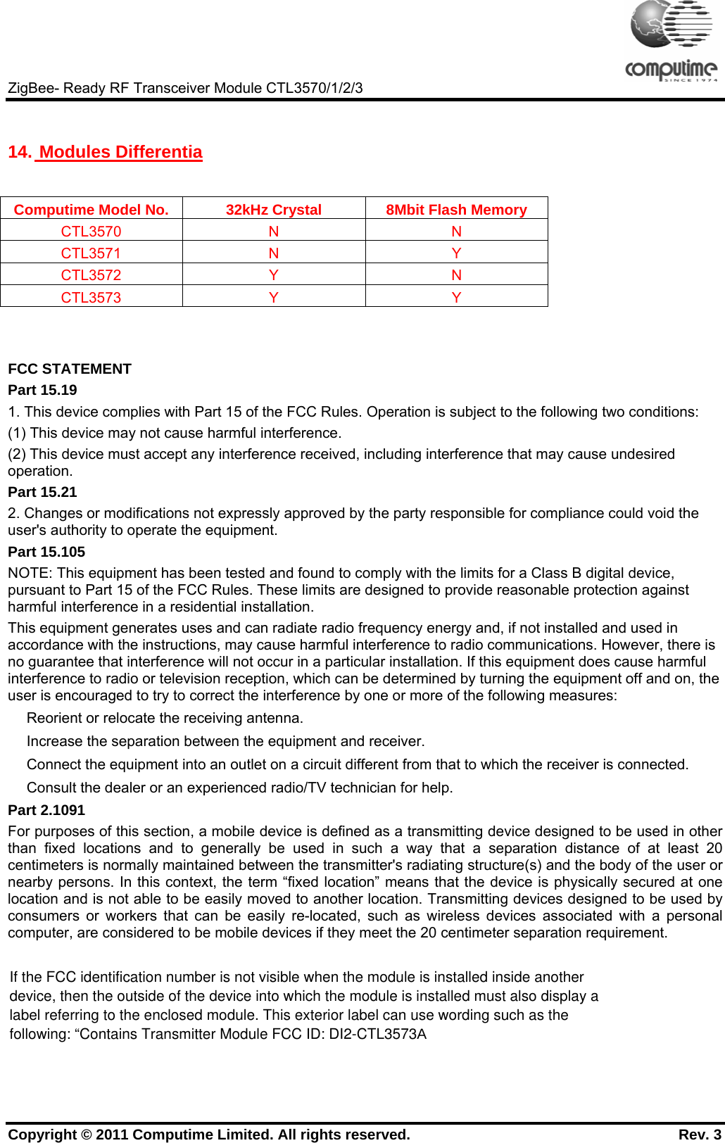     ZigBee- Ready RF Transceiver Module CTL3570/1/2/3 Copyright © 2011 Computime Limited. All rights reserved.                                                       Rev. 3  14.   Modules Differentia  Computime Model No.  32kHz Crystal  8Mbit Flash Memory CTL3570 N  N CTL3571 N  Y CTL3572 Y  N CTL3573 Y  Y   FCC STATEMENT Part 15.19 1. This device complies with Part 15 of the FCC Rules. Operation is subject to the following two conditions: (1) This device may not cause harmful interference. (2) This device must accept any interference received, including interference that may cause undesired operation. Part 15.21 2. Changes or modifications not expressly approved by the party responsible for compliance could void the user&apos;s authority to operate the equipment. Part 15.105 NOTE: This equipment has been tested and found to comply with the limits for a Class B digital device, pursuant to Part 15 of the FCC Rules. These limits are designed to provide reasonable protection against harmful interference in a residential installation. This equipment generates uses and can radiate radio frequency energy and, if not installed and used in accordance with the instructions, may cause harmful interference to radio communications. However, there is no guarantee that interference will not occur in a particular installation. If this equipment does cause harmful interference to radio or television reception, which can be determined by turning the equipment off and on, the user is encouraged to try to correct the interference by one or more of the following measures: 　 Reorient or relocate the receiving antenna. 　 Increase the separation between the equipment and receiver. 　 Connect the equipment into an outlet on a circuit different from that to which the receiver is connected. 　 Consult the dealer or an experienced radio/TV technician for help. Part 2.1091 For purposes of this section, a mobile device is defined as a transmitting device designed to be used in other than fixed locations and to generally be used in such a way that a separation distance of at least 20 centimeters is normally maintained between the transmitter&apos;s radiating structure(s) and the body of the user or nearby persons. In this context, the term “fixed location” means that the device is physically secured at one location and is not able to be easily moved to another location. Transmitting devices designed to be used by consumers or workers that can be easily re-located, such as wireless devices associated with a personal computer, are considered to be mobile devices if they meet the 20 centimeter separation requirement. If the FCC identification number is not visible when the module is installed inside anotherdevice, then the outside of the device into which the module is installed must also display alabel referring to the enclosed module. This exterior label can use wording such as thefollowing: “Contains Transmitter Module FCC ID: DI2-CTL3573A