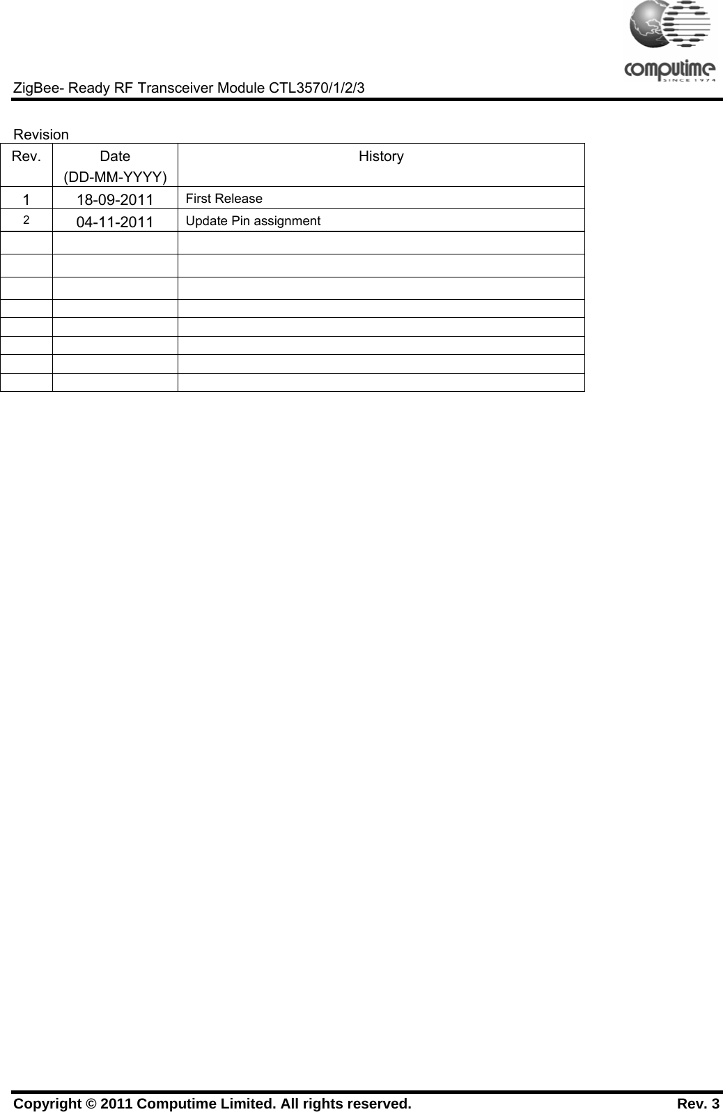     ZigBee- Ready RF Transceiver Module CTL3570/1/2/3 Copyright © 2011 Computime Limited. All rights reserved.                                                       Rev. 3   Revision Rev. Date  (DD-MM-YYYY) History 1 18-09-2011 First Release 2  04-11-2011  Update Pin assignment                                  