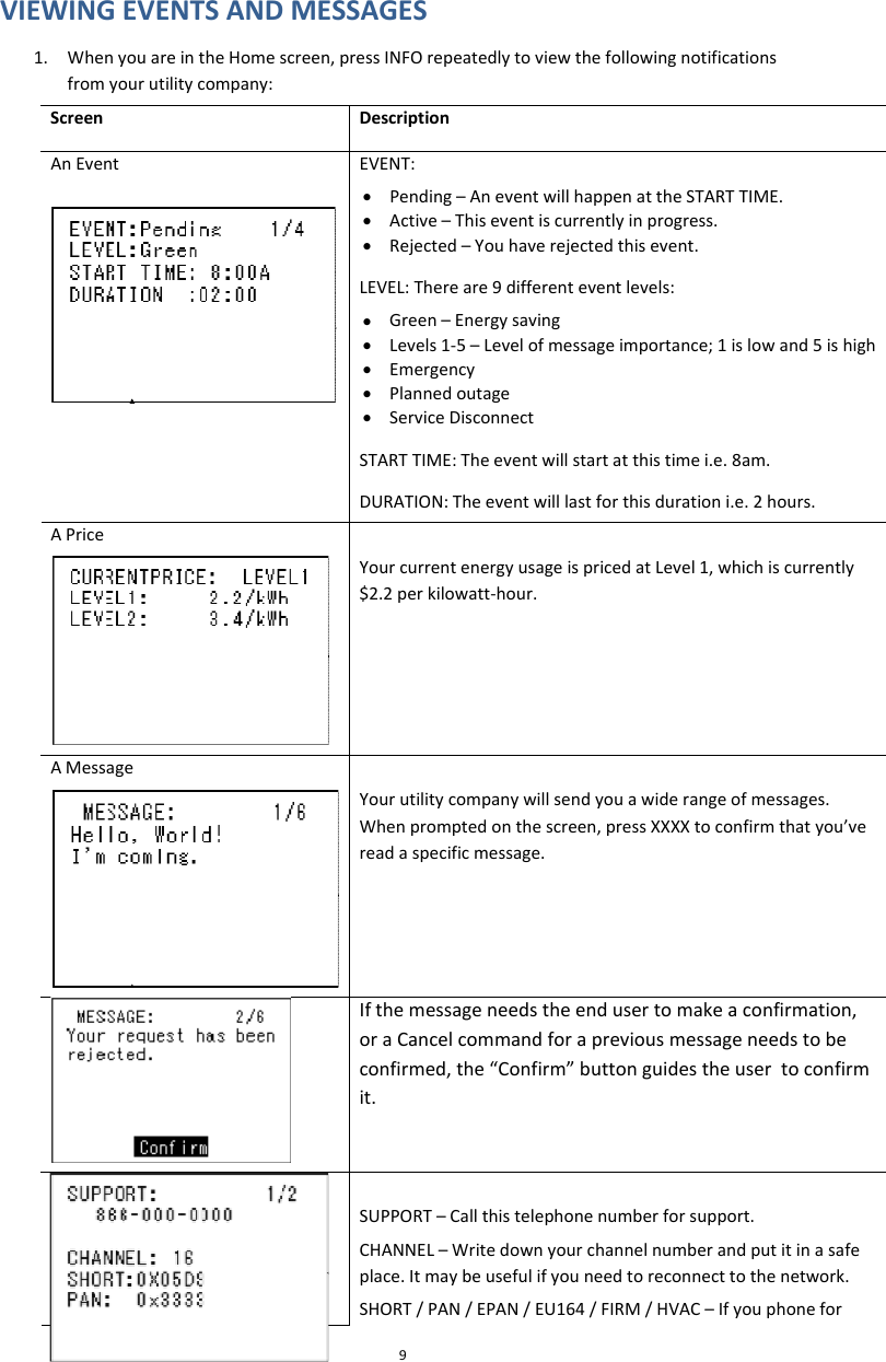 9VIE GESscreen,pressINFOrepeatedlytoviewthefollowingnotificationsDescriptionWINGEVENTSANDMESSA1. WhenyouareintheHomefromyourutilitycompany:ScreenEVENT:AnEvent• Pending–AneventwillhappenattheSTARTTIME.• Active–Thiseventiscurrentlyinprogress.• Rejected–Youhaverejectedthisevent.LEV• EL:Thereare9differenteventlevels:‐5–Levelofmessageimportance;1islowand5ishighcy• PlannedoutagennectGreen–Energysaving• Levels1• Emergen• ServiceDiscoSTARTTIME:Theeventwillstartatthistimei.e.8am.DURATION:Theeventwilllastforthisdurationi.e.2hours.YourcurrentenergyusageispricedatLevel1,whichiscurrently$2.2perkilowatt‐hour.APriceAMessageYourutilitycompanywillsendyouawiderangeofmessages.you’veWhenpromptedonthescreen,pressXXXXtoconfirmthatreadaspecificmessage.Ifthemessageneedstheendusertomakeaconfirmation,oraCancelcommandforapreviousmessageneedstobeconfirmed,the“Confirm”buttonguidestheusertoconfirmit.SUPPORT–Callthistelephonenumberforsupport.CHANNEL–Writedownyourchannelnumberandputitinasafeplace.Itmaybeusefulifyouneedtoreconnecttothenetwork.NetworkInformationSHORT/PAN/EPAN/EU164/FIRM/HVAC–Ifyouphonefor