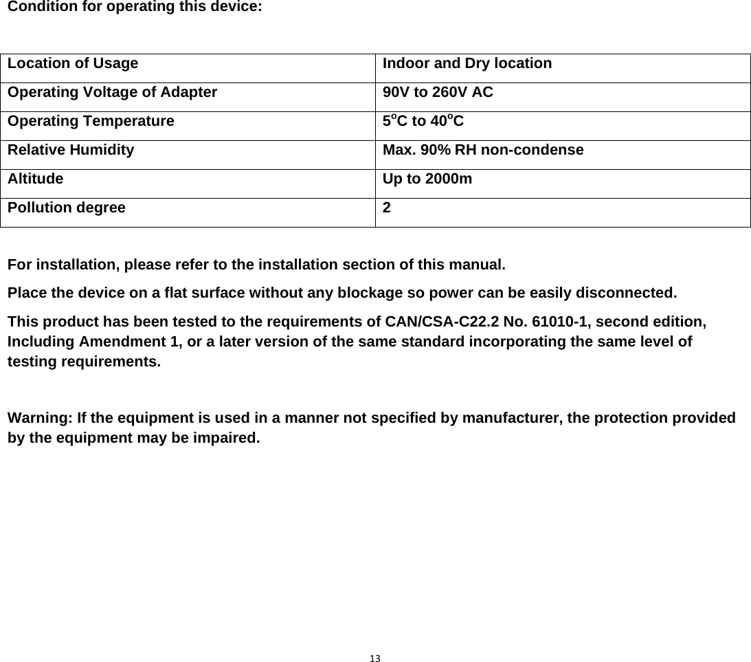13Condition for operating this device:  Location of Usage  Indoor and Dry location Operating Voltage of Adapter  90V to 260V AC Operating Temperature  5oC to 40oC Relative Humidity  Max. 90% RH non-condense Altitude Up to 2000m Pollution degree  2  For installation, please refer to the installation section of this manual. Place the device on a flat surface without any blockage so power can be easily disconnected. This product has been tested to the requirements of CAN/CSA-C22.2 No. 61010-1, second edition, Including Amendment 1, or a later version of the same standard incorporating the same level of testing requirements.  Warning: If the equipment is used in a manner not specified by manufacturer, the protection provided by the equipment may be impaired.  