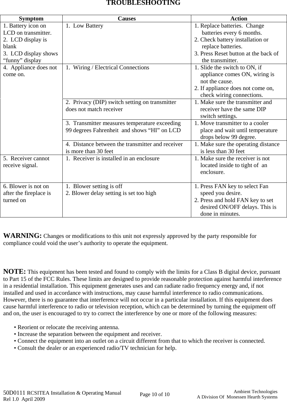   50D0111 RCSITEA Installation &amp; Operating Manual         Rel 1.0  April 2009     Page 10 of 10                                       Ambient TechnologiesA Division Of  Monessen Hearth Systems    TROUBLESHOOTING  Symptom Causes  Action 1. Battery icon on LCD on transmitter. 2.  LCD display is blank 3.  LCD display shows “funny” display 1.  Low Battery   1. Replace batteries.  Change          batteries every 6 months. 2. Check battery installation or      replace batteries. 3. Press Reset button at the back of      the transmitter.   4.  Appliance does not come on.  1.  Wiring / Electrical Connections  1. Slide the switch to ON, if      appliance comes ON, wiring is      not the cause. 2. If appliance does not come on,      check wiring connections.   2.  Privacy (DIP) switch setting on transmitter does not match receiver  1. Make sure the transmitter and      receiver have the same DIP      switch settings.   3.  Transmitter measures temperature exceeding 99 degrees Fahrenheit  and shows “HI” on LCD  1. Move transmitter to a cooler      place and wait until temperature      drops below 99 degree.   4.  Distance between the transmitter and receiver is more than 30 feet  1. Make sure the operating distance     is less than 30 feet 5.  Receiver cannot receive signal.  1.  Receiver is installed in an enclosure  1. Make sure the receiver is not      located inside to tight of  an      enclosure.  6. Blower is not on after the fireplace is turned on 1. Blower setting is off 2. Blower delay setting is set too high  1. Press FAN key to select Fan       speed you desire. 2. Press and hold FAN key to set      desired ON/OFF delays. This is      done in minutes.   WARNING: Changes or modifications to this unit not expressly approved by the party responsible for compliance could void the user’s authority to operate the equipment.     NOTE: This equipment has been tested and found to comply with the limits for a Class B digital device, pursuant to Part 15 of the FCC Rules. These limits are designed to provide reasonable protection against harmful interference in a residential installation. This equipment generates uses and can radiate radio frequency energy and, if not installed and used in accordance with instructions, may cause harmful interference to radio communications. However, there is no guarantee that interference will not occur in a particular installation. If this equipment does cause harmful interference to radio or television reception, which can be determined by turning the equipment off and on, the user is encouraged to try to correct the interference by one or more of the following measures:  • Reorient or relocate the receiving antenna. • Increase the separation between the equipment and receiver. • Connect the equipment into an outlet on a circuit different from that to which the receiver is connected. • Consult the dealer or an experienced radio/TV technician for help.    