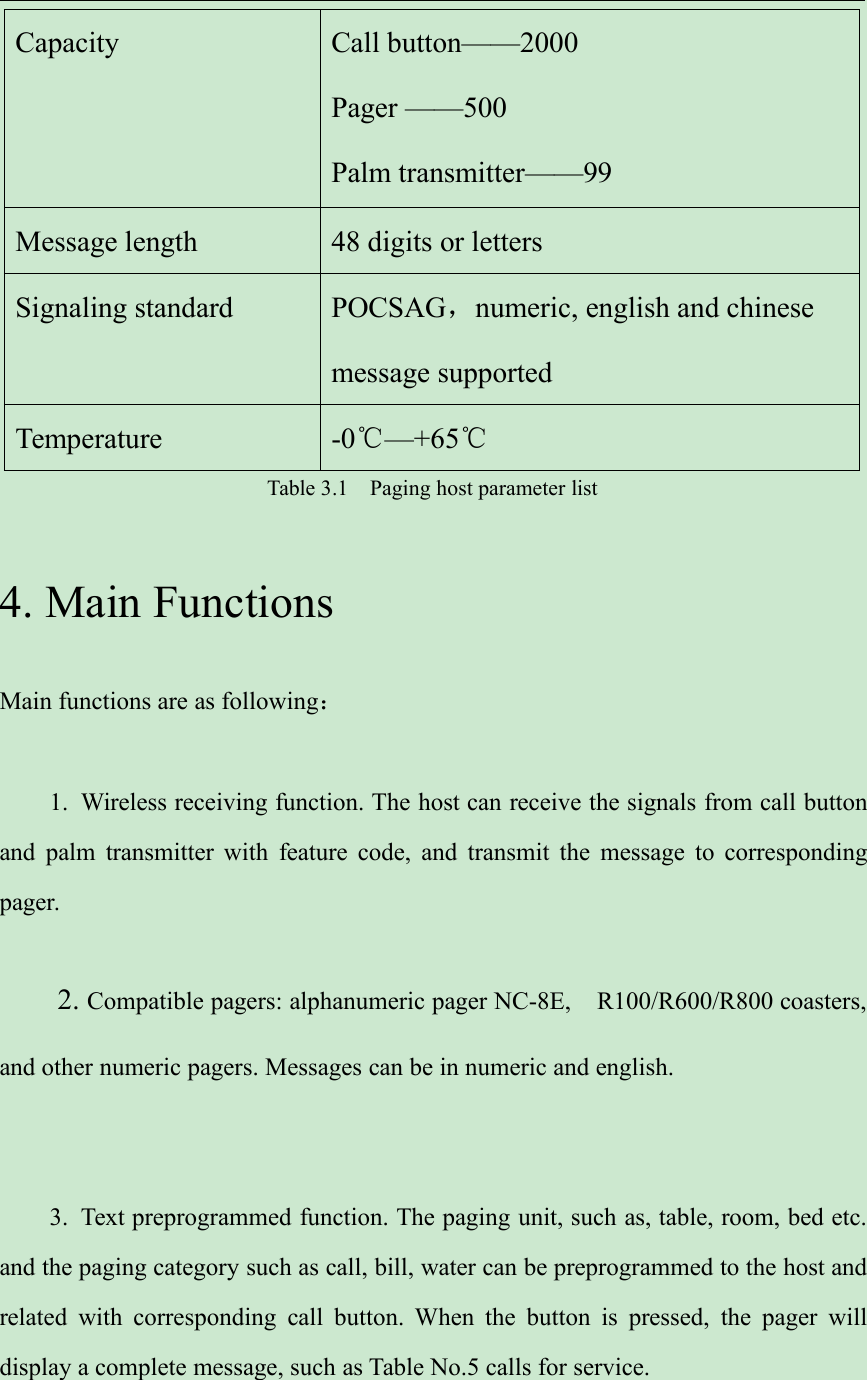 Capacity Call button——2000Pager ——500Palm transmitter——99Message length 48 digits or lettersSignaling standardPOCSAG，numeric, english and chinesemessage supportedTemperature -0℃—+65℃Table 3.1 Paging host parameter list4. Main FunctionsMain functions are as following：1. Wireless receiving function. The host can receive the signals from call buttonand palm transmitter with feature code, and transmit the message to correspondingpager.2. Compatible pagers: alphanumeric pager NC-8E, R100/R600/R800 coasters,and other numeric pagers. Messages can be in numeric and english.3. Text preprogrammed function. The paging unit, such as, table, room, bed etc.and the paging category such as call, bill, water can be preprogrammed to the host andrelated with corresponding call button. When the button is pressed, the pager willdisplay a complete message, such as Table No.5 calls for service.