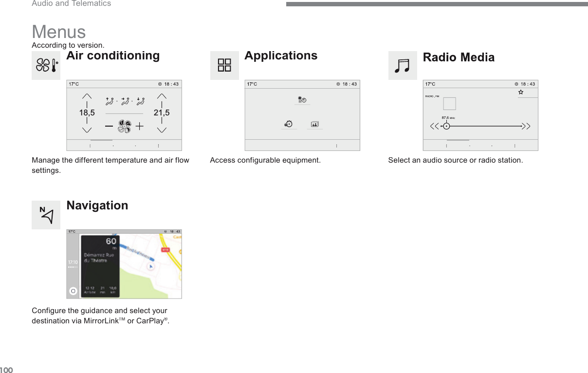 10021,518,5 Audio and Telematics Transversal-Citroen_en_Chap02_RCC-2-2-0_ed01-2016 Menus   Radio  Media   Applications   Select an audio source or radio station.     Access configurable equipment.     Air  conditioning   Manage the different temperature and air flow settings.     Navigation   Configure the guidance and select your destination via MirrorLink TM  or CarPlay ® .   According to version.   
