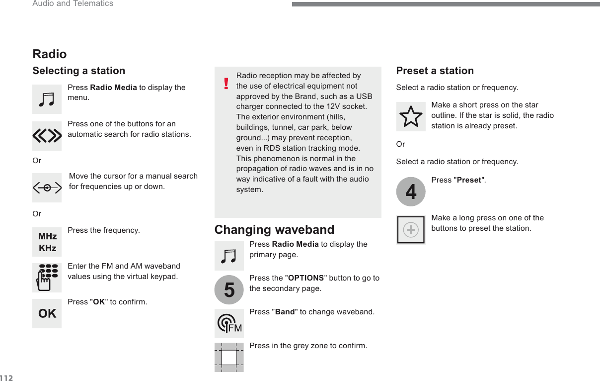 11245 Audio and Telematics Transversal-Citroen_en_Chap02_RCC-2-2-0_ed01-2016  Press   Radio Media  to display the menu.    Press   Radio Media  to display the primary page.    Press  the  frequency.    Enter the FM and AM waveband values using the virtual keypad.    Press one of the buttons for an automatic search for radio stations.          Radio   Selecting  a  station    Radio reception may be affected by the use of electrical equipment not approved by the Brand, such as a USB charger connected to the 12V socket.  The exterior environment (hills, buildings, tunnel, car park, below ground...) may prevent reception, even in RDS station tracking mode. This phenomenon is normal in the propagation of radio waves and is in no way indicative of a fault with the audio system.     Or    Or    Or    Move the cursor for a manual search for frequencies up or down.    Select a radio station or frequency.    Select a radio station or frequency.    Press  &quot; Preset &quot;.    Press  the  &quot; OPTIONS &quot; button to go to the secondary page.    Make a short press on the star outline. If the star is solid, the radio station is already preset.    Make a long press on one of the buttons to preset the station.     Press  &quot; Band &quot; to change waveband.    Press in the grey zone to confirm.   Preset a station  Changing waveband   Press  &quot; OK &quot;  to  confirm.  
