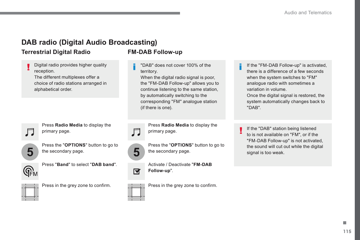 115.55 Audio and Telematics Transversal-Citroen_en_Chap02_RCC-2-2-0_ed01-2016        DAB  radio  (Digital  Audio  Broadcasting)   Press   Radio Media  to display the primary page.    Press  the  &quot; OPTIONS &quot; button to go to the secondary page.  FM-DAB  Follow-up    Terrestrial  Digital  Radio    &quot;DAB&quot; does not cover 100% of the territory.  When the digital radio signal is poor, the &quot;FM-DAB Follow-up&quot; allows you to continue listening to the same station, by automatically switching to the corresponding &quot;FM&quot; analogue station (if there is one).    If the &quot;FM-DAB Follow-up&quot; is activated, there is a difference of a few seconds when the system switches to &quot;FM&quot; analogue radio with sometimes a variation in volume.  Once the digital signal is restored, the system automatically changes back to &quot; D A B &quot; .     Digital radio provides higher quality reception.  The different multiplexes offer a choice of radio stations arranged in alphabetical  order.    If the &quot;DAB&quot; station being listened to is not available on &quot;FM&quot;, or if the &quot;FM-DAB Follow-up&quot; is not activated, the sound will cut out while the digital signal is too weak.     Activate / Deactivate &quot; FM-DAB Follow-up &quot;.    Press   Radio Media  to display the primary page.    Press  the  &quot; OPTIONS &quot; button to go to the secondary page.    Press  &quot; Band &quot; to select &quot; DAB band &quot;.    Press in the grey zone to confirm.     Press in the grey zone to confirm.  