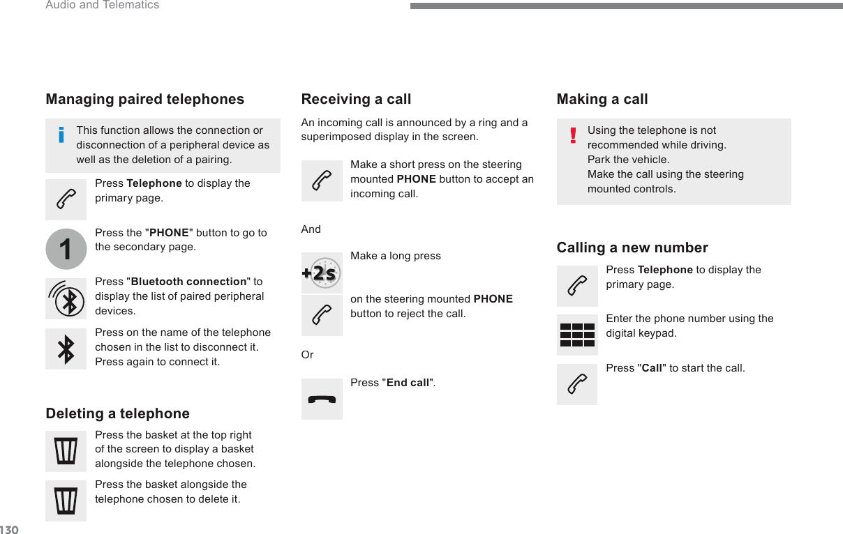 1301 Audio and Telematics Transversal-Citroen_en_Chap02_RCC-2-2-0_ed01-2016       Receiving  a  call    An incoming call is announced by a ring and a superimposed display in the screen.    Make a short press on the steering mounted  PHONE  button to accept an incoming call.    Make a long press    on the steering mounted  PHONEbutton to reject the call.    Or    And    Press  &quot; End call &quot;.     Press on the name of the telephone chosen in the list to disconnect it.  Press again to connect it.      Press the basket at the top right of the screen to display a basket alongside the telephone chosen.    Press the basket alongside the telephone chosen to delete it.              Managing  paired  telephones    This function allows the connection or disconnection of a peripheral device as well as the deletion of a pairing.    Press   Telephone  to display the primary page.    Press  the  &quot; PHONE &quot; button to go to the secondary page.    Press  &quot; Bluetooth connection &quot;  to display the list of paired peripheral devices.    Deleting  a  telephone    Using the telephone is not recommended while driving.  Park the vehicle.  Make the call using the steering mounted  controls.         Making  a  call    Calling  a  new  number    Press   Telephone  to display the primary page.    Enter the phone number using the digital keypad.    Press  &quot; Call &quot; to start the call.   