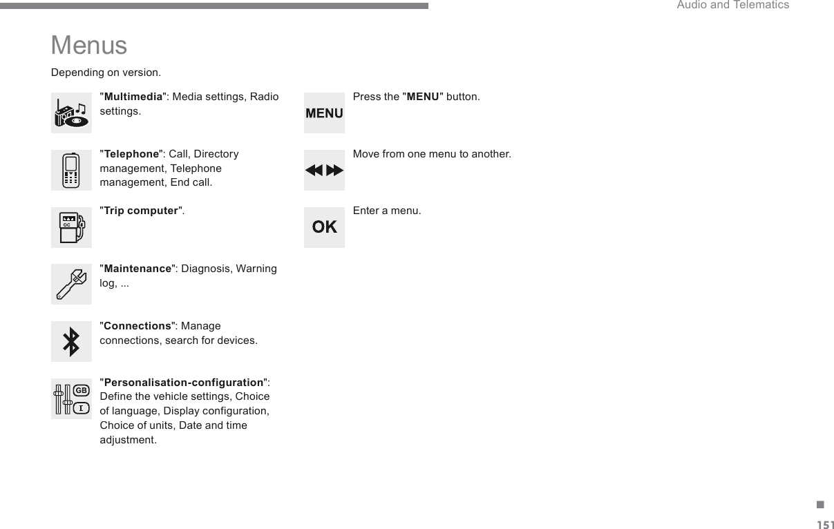 151. Audio and Telematics Transversal-Citroen_en_Chap03_RD6_ed01-2016 Menus    &quot;Multimedia &quot;: Media settings, Radio settings.           D e p e n d i n g  o n  v e r s i o n .     Move from one menu to another.    Enter  a  menu.     &quot; Trip computer &quot;.    &quot; Maintenance &quot;: Diagnosis, Warning log, ...      &quot;Connections &quot;: Manage connections, search for devices.    &quot; Telephone &quot;: Call, Directory management, Telephone management, End call.    &quot; Personalisation-configuration &quot;: Define the vehicle settings, Choice of language, Display configuration, Choice of units, Date and time adjustment.      Press  the  &quot; MENU &quot;  button.  