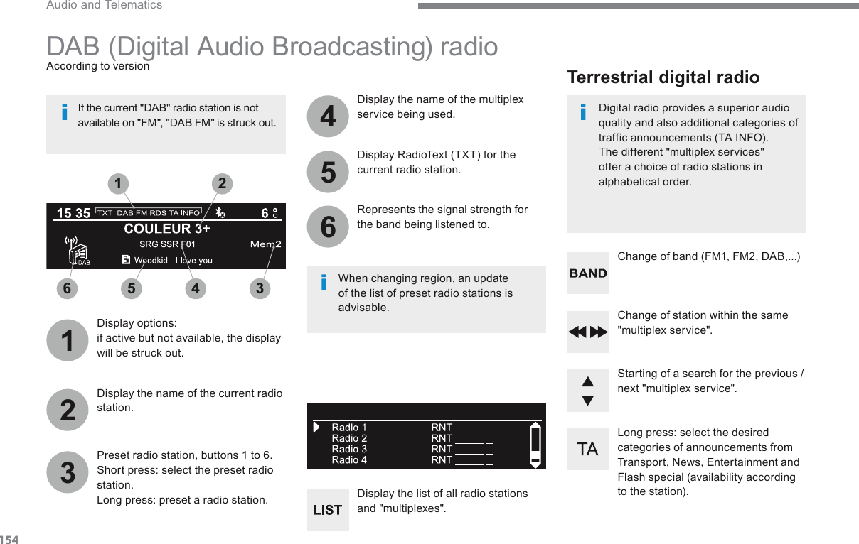 1541352466 5 4 321 Audio and Telematics   Long press: select the desired categories of announcements from Transport, News, Entertainment and Flash special (availability according to the station).    Change of station within the same &quot;multiplex  service&quot;.    Starting of a search for the previous / next &quot;multiplex service&quot;.    Change of band (FM1, FM2, DAB,...)    Digital radio provides a superior audio quality and also additional categories of traffic announcements (TA INFO).  The different &quot;multiplex services&quot; offer a choice of radio stations in alphabetical  order.        Terrestrial  digital  radio  DAB (Digital Audio Broadcasting) radio   Display  options:  if active but not available, the display will be struck out.         A c c o r d i n g  t o  v e r s i o n     Preset radio station, buttons 1 to 6.  Short press: select the preset radio station.  Long press: preset a radio station.    Display the name of the multiplex service being used.    Display the list of all radio stations and  &quot;multiplexes&quot;.     Represents the signal strength for the band being listened to.    Display RadioText (TXT) for the current radio station.    Display the name of the current radio station.    If the current &quot;DAB&quot; radio station is not available on &quot;FM&quot;, &quot;DAB FM&quot; is struck out.    When changing region, an update of the list of preset radio stations is advisable.  