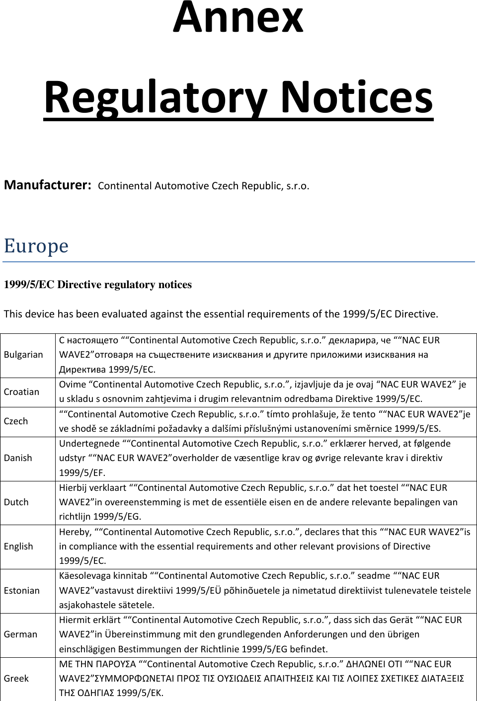Annex Regulatory Notices Manufacturer:  Continental Automotive Czech Republic, s.r.o.Europe 1999/5/EC Directive regulatory notices This device has been evaluated against the essential requirements of the 1999/5/EC Directive. Bulgarian С настоящето ““Continental Automotive Czech Republic, s.r.o.” декларира, че ““NAC EUR WAVE2”отговаря на съществените изисквания и другите приложими изисквания на Директива 1999/5/ЕС. Croatian Ovime “Continental Automotive Czech Republic, s.r.o.”, izjavljuje da je ovaj “NAC EUR WAVE2” je u skladu s osnovnim zahtjevima i drugim relevantnim odredbama Direktive 1999/5/EC. Czech ““Continental Automotive Czech Republic, s.r.o.” tímto prohlašuje, že tento ““NAC EUR WAVE2”je ve shodě se základními požadavky a dalšími příslušnými ustanoveními směrnice 1999/5/ES. Danish Undertegnede ““Continental Automotive Czech Republic, s.r.o.” erklærer herved, at følgende udstyr ““NAC EUR WAVE2”overholder de væsentlige krav og øvrige relevante krav i direktiv 1999/5/EF. Dutch Hierbij verklaart ““Continental Automotive Czech Republic, s.r.o.” dat het toestel ““NAC EUR WAVE2”in overeenstemming is met de essentiële eisen en de andere relevante bepalingen van richtlijn 1999/5/EG. English Hereby, ““Continental Automotive Czech Republic, s.r.o.”, declares that this ““NAC EUR WAVE2”is in compliance with the essential requirements and other relevant provisions of Directive 1999/5/EC. Estonian Käesolevaga kinnitab ““Continental Automotive Czech Republic, s.r.o.” seadme ““NAC EUR WAVE2”vastavust direktiivi 1999/5/EÜ põhinõuetele ja nimetatud direktiivist tulenevatele teistele asjakohastele sätetele. German Hiermit erklärt ““Continental Automotive Czech Republic, s.r.o.”, dass sich das Gerät ““NAC EUR WAVE2”in Übereinstimmung mit den grundlegenden Anforderungen und den übrigen einschlägigen Bestimmungen der Richtlinie 1999/5/EG befindet. Greek ΜΕ ΤΗΝ ΠΑΡΟΥΣΑ ““Continental Automotive Czech Republic, s.r.o.” ΔΗΛΩΝΕΙ ΟΤΙ ““NAC EUR WAVE2”ΣΥΜΜΟΡΦΩΝΕΤΑΙ ΠΡΟΣ ΤΙΣ ΟΥΣΙΩΔΕΙΣ ΑΠΑΙΤΗΣΕΙΣ ΚΑΙ ΤΙΣ ΛΟΙΠΕΣ ΣΧΕΤΙΚΕΣ ΔΙΑΤΑΞΕΙΣ ΤΗΣ ΟΔΗΓΙΑΣ 1999/5/ΕΚ. 