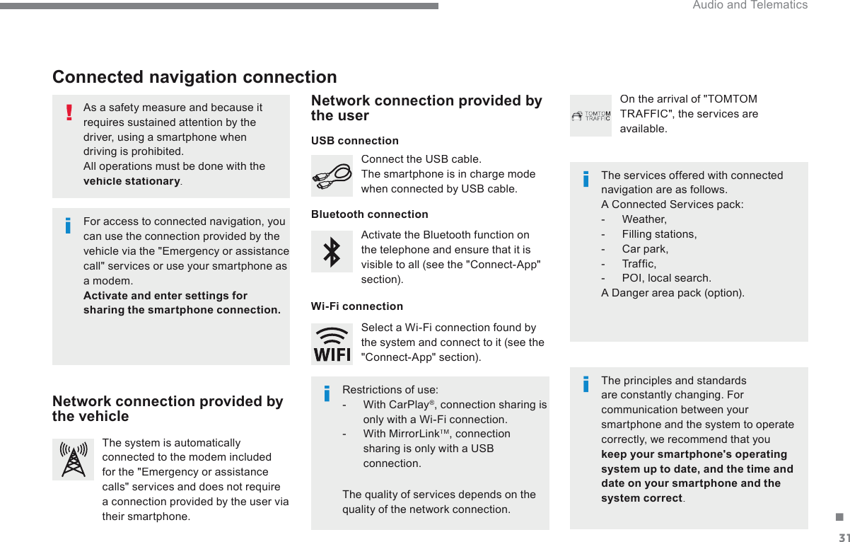 31. Audio and Telematics   As a safety measure and because it requires sustained attention by the driver, using a smartphone when driving is prohibited.  All operations must be done with the vehicle stationary .  vehicle stationary .  vehicle stationary  Connected  navigation  connection   The principles and standards are constantly changing. For communication between your smartphone and the system to operate correctly, we recommend that you keep your smartphone&apos;s operating system up to date, and the time and date on your smartphone and the system correct.      The services offered with connected navigation are as follows.  A Connected Services pack:    -   Weather,   -   Filling stations,   -   Car park,   -   Traffic,   -   POI,  local  search.   A Danger area pack (option).   Activate the Bluetooth function on the telephone and ensure that it is visible to all (see the &quot;Connect-App&quot; section).   Connect the USB cable.  The smartphone is in charge mode when connected by USB cable.    The system is automatically connected to the modem included for the &quot;Emergency or assistance calls&quot; services and does not require a connection provided by the user via their  smartphone.    On the arrival of &quot;TOMTOM TRAFFIC&quot;, the services are available.    For access to connected navigation, you can use the connection provided by the vehicle via the &quot;Emergency or assistance call&quot; services or use your smartphone as a modem. Activate and enter settings for sharing the smartphone connection.  Restrictions  of  use:    -   With  CarPlay ® , connection sharing is only with a Wi-Fi connection.   -    W i t h  M i r r o r L i n k  TM ,  connection sharing is only with a USB connection.     The quality of services depends on the quality of the network connection.   Select a Wi-Fi connection found by the system and connect to it (see the &quot;Connect-App&quot;  section).  USB connection  Network connection provided by the  vehicle    Network connection provided by the  user  Bluetooth connectionWi-Fi connection