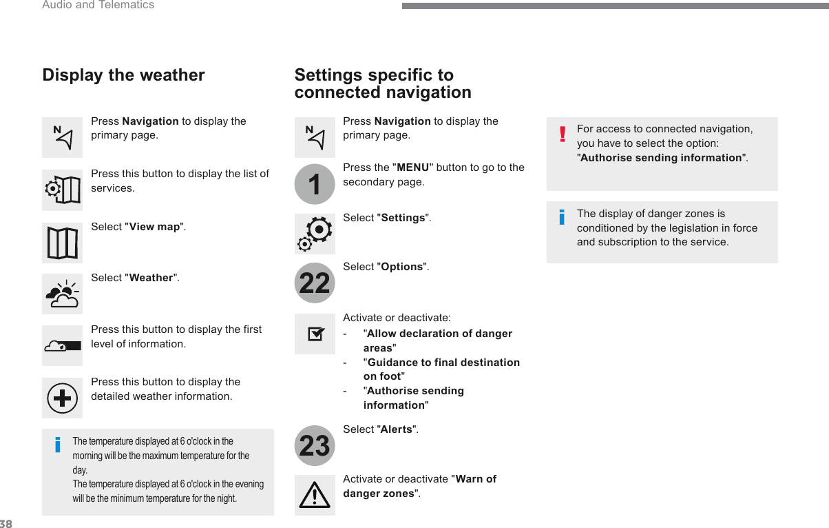 3822231 Audio and Telematics   Settings  specific  to connected navigation   For access to connected navigation, you have to select the option: &quot; Authorise sending information &quot;.    Select  &quot; Options &quot;.    Select  &quot; Alerts &quot;.      -   &quot; Allow declaration of danger areas &quot;   -   &quot; Guidance to final destination on foot &quot;   -   &quot; Authorise sending information &quot;     Activate  or  deactivate:    Activate or deactivate &quot; Warn of danger zones &quot;.    The display of danger zones is conditioned by the legislation in force and subscription to the service.     The temperature displayed at 6 o&apos;clock in the morning will be the maximum temperature for the day.  The temperature displayed at 6 o&apos;clock in the evening will be the minimum temperature for the night.     Select  &quot; Settings &quot;.    Press   Navigation  to display the primary page.    Press  the  &quot; MENU &quot; button to go to the secondary page.    Display  the  weather   Select  &quot; Weather &quot;.    Press this button to display the first level of information.    Press this button to display the detailed weather information.    Select  &quot; View map &quot;.    Press   Navigation  to display the primary page.    Press this button to display the list of services.  