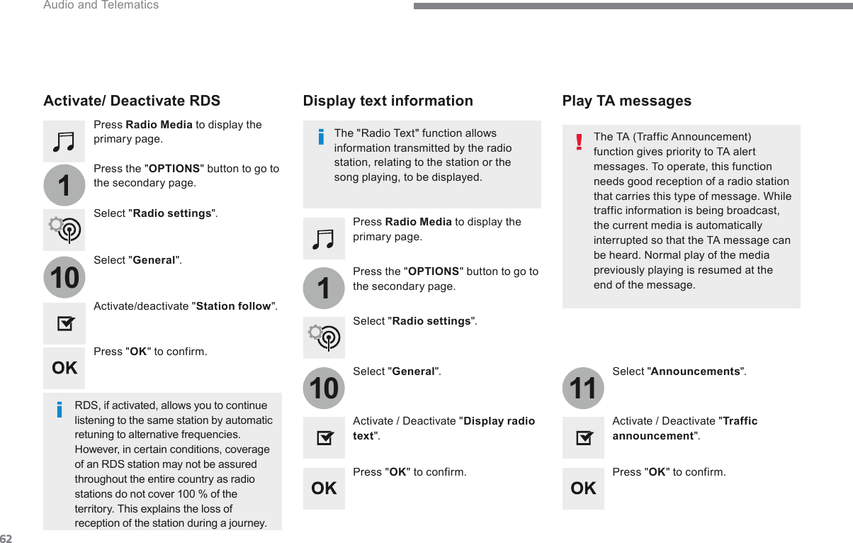 6211101011 Audio and Telematics   Press   Radio Media  to display the primary page.    Press   Radio Media  to display the primary page.    Press  the  &quot; OPTIONS &quot; button to go to the secondary page.    Press  the  &quot; OPTIONS &quot; button to go to the secondary page.    Select  &quot; Radio settings &quot;.    Select  &quot; Radio settings &quot;.    Select  &quot; General &quot;.    Select  &quot; General &quot;.    Select  &quot; Announcements &quot;.    Activate/deactivate  &quot; Station follow &quot;.    Activate / Deactivate &quot; Display radio text &quot;.    Activate / Deactivate &quot; Traf fic announcement &quot;.             Activate/  Deactivate  RDS    RDS, if activated, allows you to continue listening to the same station by automatic retuning to alternative frequencies. However, in certain conditions, coverage of an RDS station may not be assured throughout the entire country as radio stations do not cover 100 % of the territory. This explains the loss of reception of the station during a journey.     Press  &quot; OK &quot;  to  confirm.    Press  &quot; OK &quot;  to  confirm.     Press  &quot; OK &quot;  to  confirm.     The &quot;Radio Text&quot; function allows information transmitted by the radio station, relating to the station or the song playing, to be displayed.             Display  text  information             Play  TA  messages    The TA (Traffic Announcement) function gives priority to TA alert messages. To operate, this function needs good reception of a radio station that carries this type of message. While traffic information is being broadcast, the current media is automatically interrupted so that the TA message can be heard. Normal play of the media previously playing is resumed at the end of the message.  