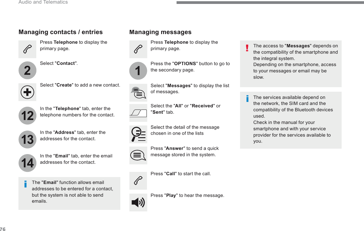 7621213141 Audio and Telematics   The access to &quot; Messages &quot; depends on the compatibility of the smartphone and the integral system.  Depending on the smartphone, access to your messages or email may be slow.           Managing  messages    The  &quot; Email &quot; function allows email addresses to be entered for a contact, but the system is not able to send emails.            Managing  contacts  /  entries    Press   Telephone  to display the primary page.    Select  &quot; Contact &quot;.    Select  &quot; Create &quot; to add a new contact.    In  the  &quot; Telephone &quot; tab, enter the telephone numbers for the contact.    In  the  &quot; Address &quot; tab, enter the addresses for the contact.    In  the  &quot; Email &quot; tab, enter the email addresses for the contact.    Press  &quot; Answer &quot; to send a quick message stored in the system.    Press   Telephone  to display the primary page.    Press  the  &quot; OPTIONS &quot; button to go to the secondary page.    Select  &quot; Messages &quot; to display the list of messages.    Select  the  &quot; All &quot; or &quot; Received &quot;  or &quot; Sent &quot;  tab.    Select the detail of the message chosen in one of the lists    Press  &quot; Call &quot; to start the call.    Press  &quot; Play &quot; to hear the message.    The services available depend on the network, the SIM card and the compatibility of the Bluetooth devices used.  Check in the manual for your smartphone and with your service provider for the services available to you.   