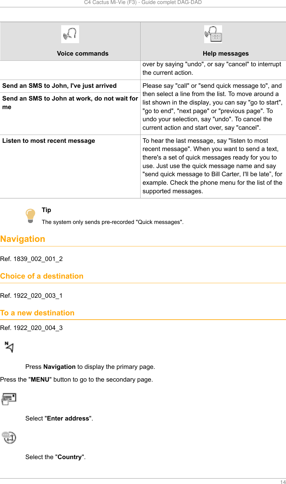   C4 Cactus Mi-Vie (F3) - Guide complet DAG-DAD    14Voice commands Help messagesover by saying &quot;undo&quot;, or say &quot;cancel&quot; to interruptthe current action.Send an SMS to John, I&apos;ve just arrivedSend an SMS to John at work, do not wait formePlease say &quot;call&quot; or &quot;send quick message to&quot;, andthen select a line from the list. To move around alist shown in the display, you can say &quot;go to start&quot;,&quot;go to end&quot;, &quot;next page&quot; or &quot;previous page&quot;. Toundo your selection, say &quot;undo&quot;. To cancel thecurrent action and start over, say &quot;cancel&quot;.Listen to most recent message To hear the last message, say &quot;listen to mostrecent message&quot;. When you want to send a text,there&apos;s a set of quick messages ready for you touse. Just use the quick message name and say&quot;send quick message to Bill Carter, I&apos;ll be late”, forexample. Check the phone menu for the list of thesupported messages.TipThe system only sends pre-recorded &quot;Quick messages&quot;.NavigationRef. 1839_002_001_2Choice of a destinationRef. 1922_020_003_1To a new destinationRef. 1922_020_004_3Press Navigation to display the primary page.Press the &quot;MENU&quot; button to go to the secondary page.Select &quot;Enter address&quot;.Select the &quot;Country&quot;.