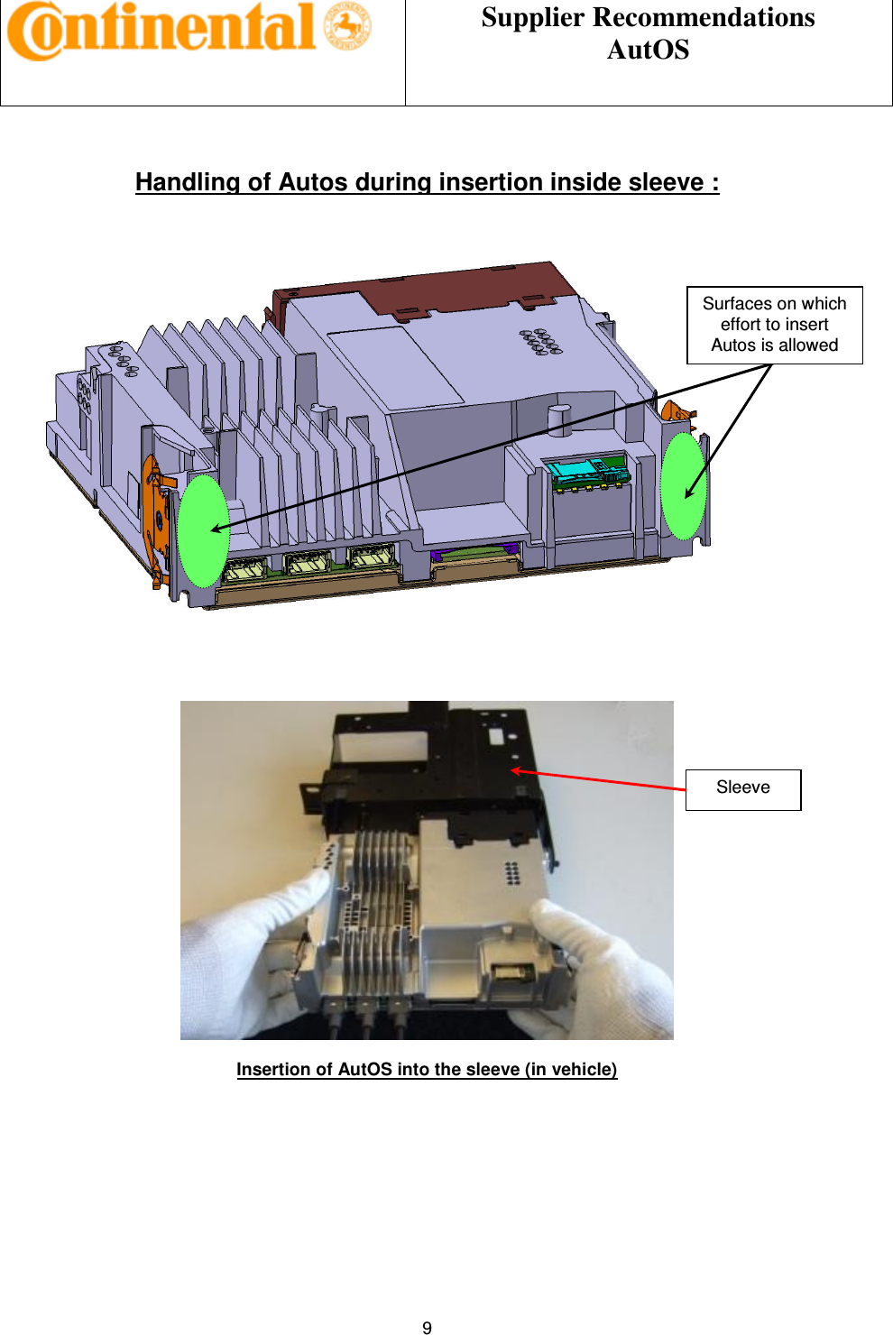 Supplier Recommendations AutOS 9 Handling of Autos during insertion inside sleeve : Insertion of AutOS into the sleeve (in vehicle) Surfaces on which effort to insert Autos is allowed Sleeve