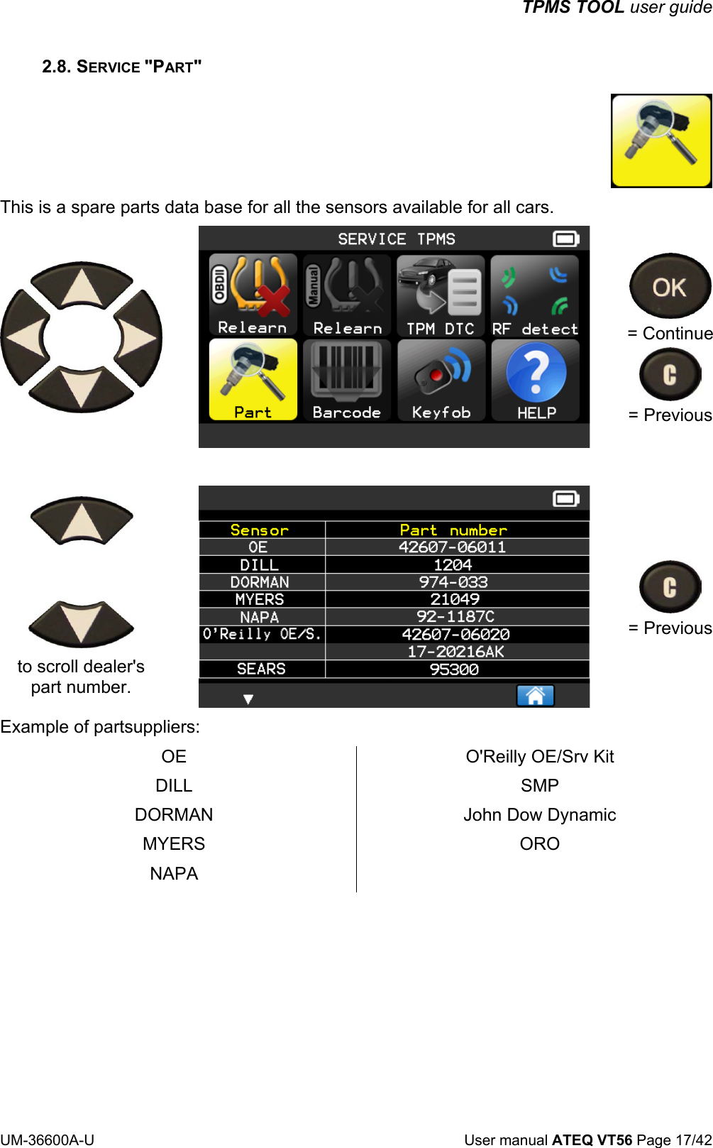 TPMS TOOL user guide UM-36600A-U User manual ATEQ VT56 Page 17/42 2.8. SERVICE "PART" This is a spare parts data base for all the sensors available for all cars. = Continue = Previous to scroll dealer's part number. = Previous Example of partsuppliers: OE DILL DORMAN MYERS NAPA O'Reilly OE/Srv Kit SMP John Dow Dynamic ORO