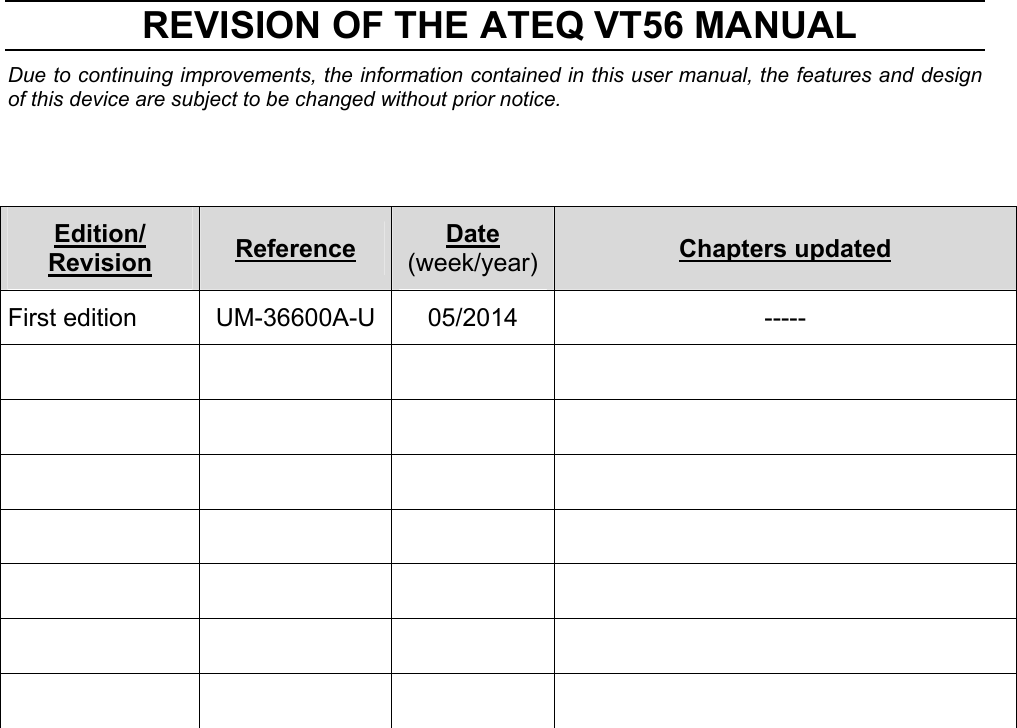 REVISION OF THE ATEQ VT56 MANUAL Due to continuing improvements, the information contained in this user manual, the features and design of this device are subject to be changed without prior notice. Edition/ Revision Reference Date (week/year) Chapters updated First edition UM-36600A-U 05/2014 -----