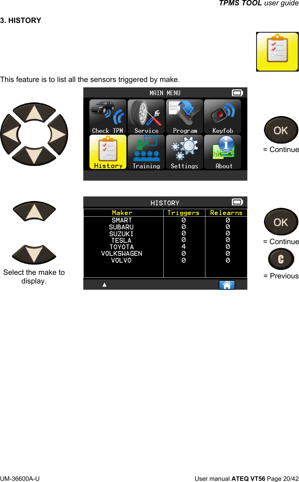 TPMS TOOL user guide UM-36600A-U User manual ATEQ VT56 Page 20/42 3. HISTORY This feature is to list all the sensors triggered by make. = Continue Select the make to display. = Continue = Previous