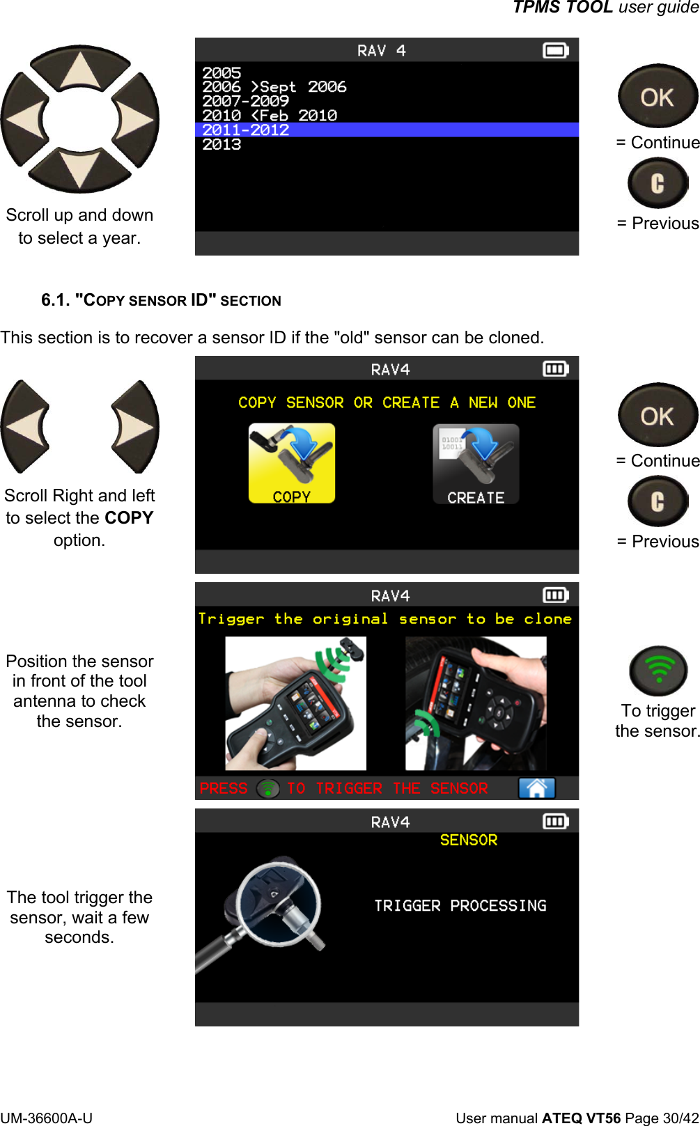 TPMS TOOL user guide UM-36600A-U User manual ATEQ VT56 Page 30/42 Scroll up and down to select a year. = Continue = Previous 6.1. "COPY SENSOR ID" SECTION This section is to recover a sensor ID if the "old" sensor can be cloned. Scroll Right and left to select the COPY option. = Continue = Previous Position the sensor in front of the tool antenna to check the sensor. To trigger the sensor.The tool trigger the sensor, wait a few seconds.