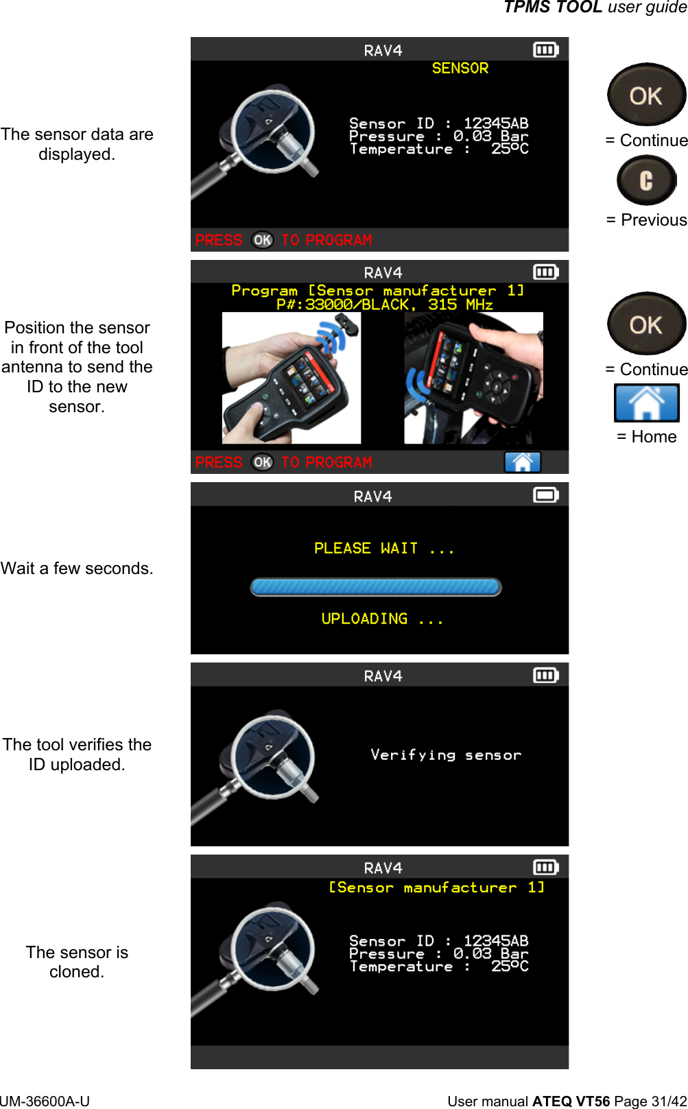 TPMS TOOL user guide UM-36600A-U User manual ATEQ VT56 Page 31/42 The sensor data are displayed. = Continue = Previous Position the sensor in front of the tool antenna to send the ID to the new sensor. = Continue = Home Wait a few seconds. The tool verifies the ID uploaded. The sensor is cloned.