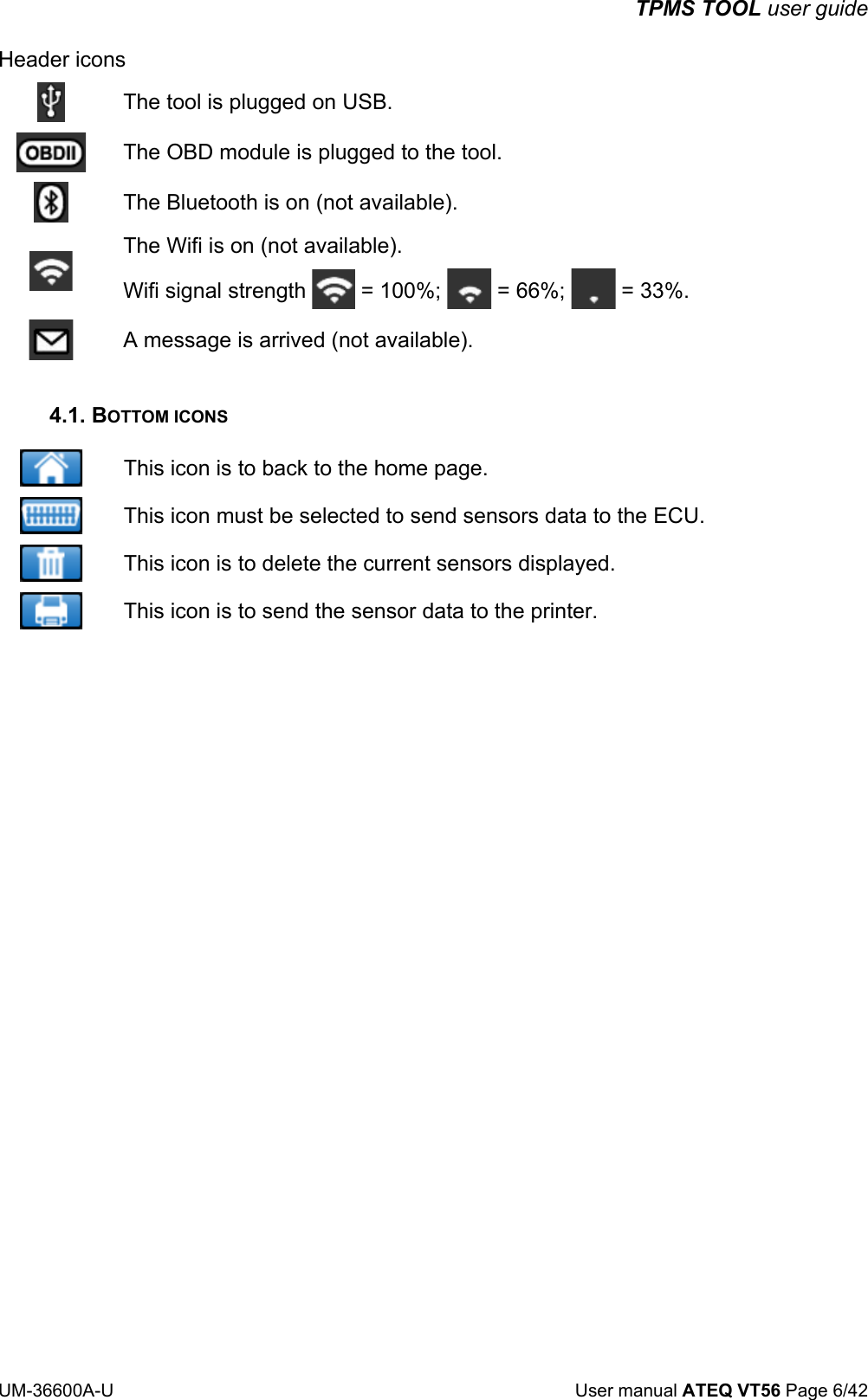TPMS TOOL user guide UM-36600A-U User manual ATEQ VT56 Page 6/42 Header icons The tool is plugged on USB. The OBD module is plugged to the tool. The Bluetooth is on (not available). The Wifi is on (not available). Wifi signal strength = 100%; = 66%; = 33%. A message is arrived (not available). 4.1. BOTTOM ICONS This icon is to back to the home page. This icon must be selected to send sensors data to the ECU. This icon is to delete the current sensors displayed. This icon is to send the sensor data to the printer.