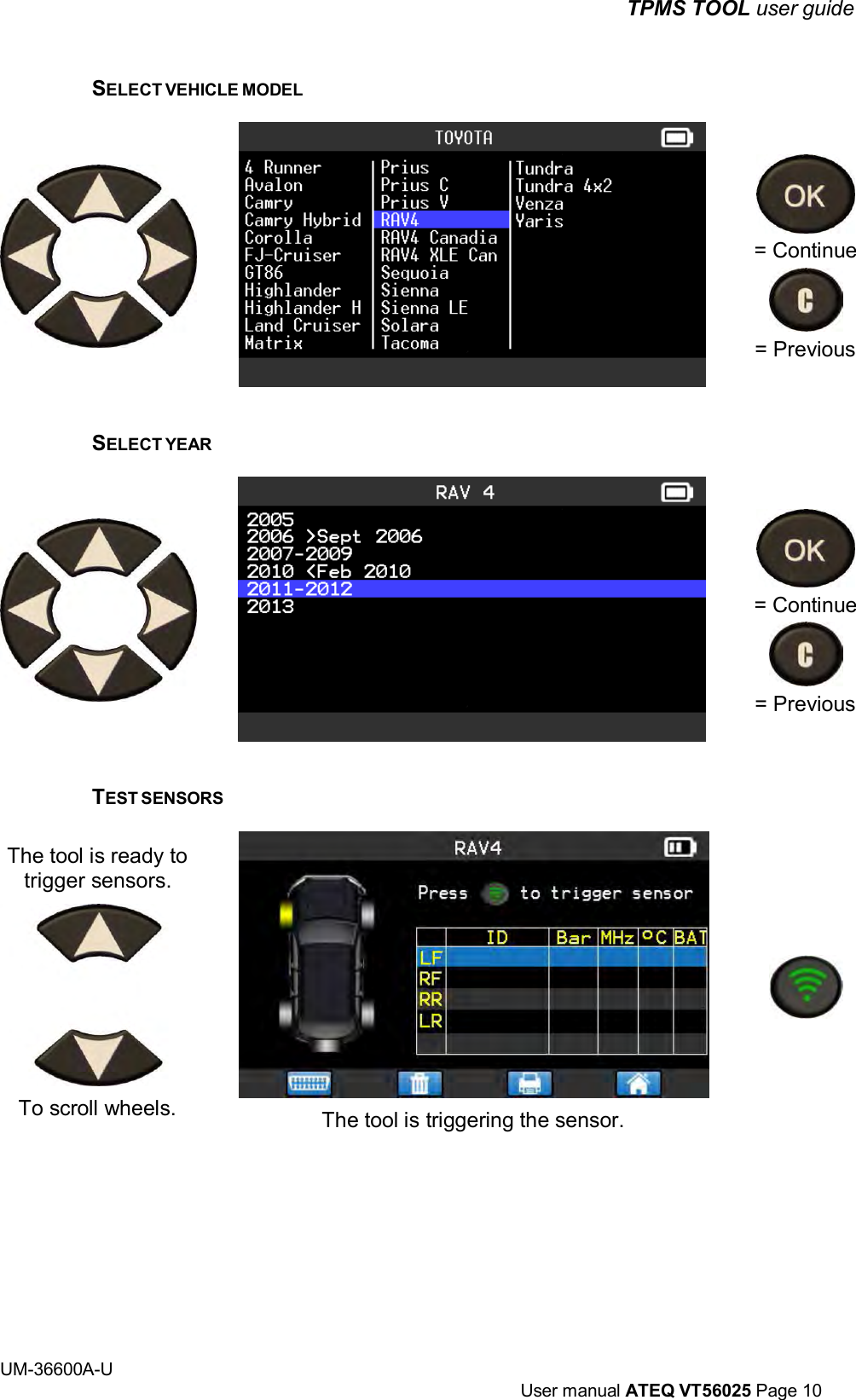 TPMS TOOL user guide UM-36600A-U User manual ATEQ VT56025 Page 10 SELECT VEHICLE MODEL SELECT YEAR TEST SENSORS The tool is ready to trigger sensors. To scroll wheels. The tool is triggering the sensor. = Continue = Previous = Continue = Previous
