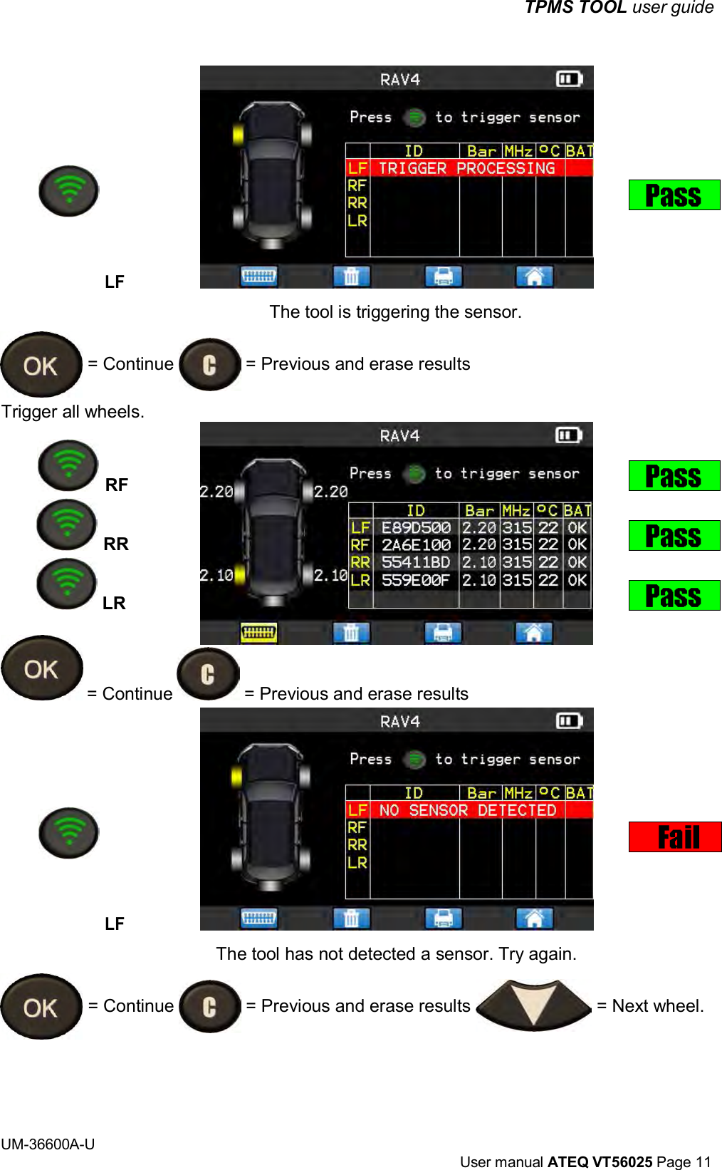 TPMS TOOL user guide UM-36600A-U User manual ATEQ VT56025 Page 11 LF The tool is triggering the sensor. = Continue = Previous and erase results Trigger all wheels. RF RR LR = Continue = Previous and erase results LF The tool has not detected a sensor. Try again. = Continue = Previous and erase results = Next wheel.