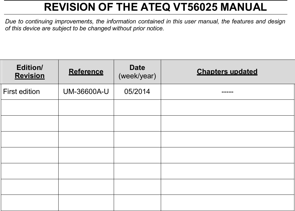 REVISION OF THE ATEQ VT56025 MANUAL Due to continuing improvements, the information contained in this user manual, the features and design of this device are subject to be changed without prior notice. Edition/ Revision Reference Date (week/year) Chapters updated First edition UM-36600A-U 05/2014 -----