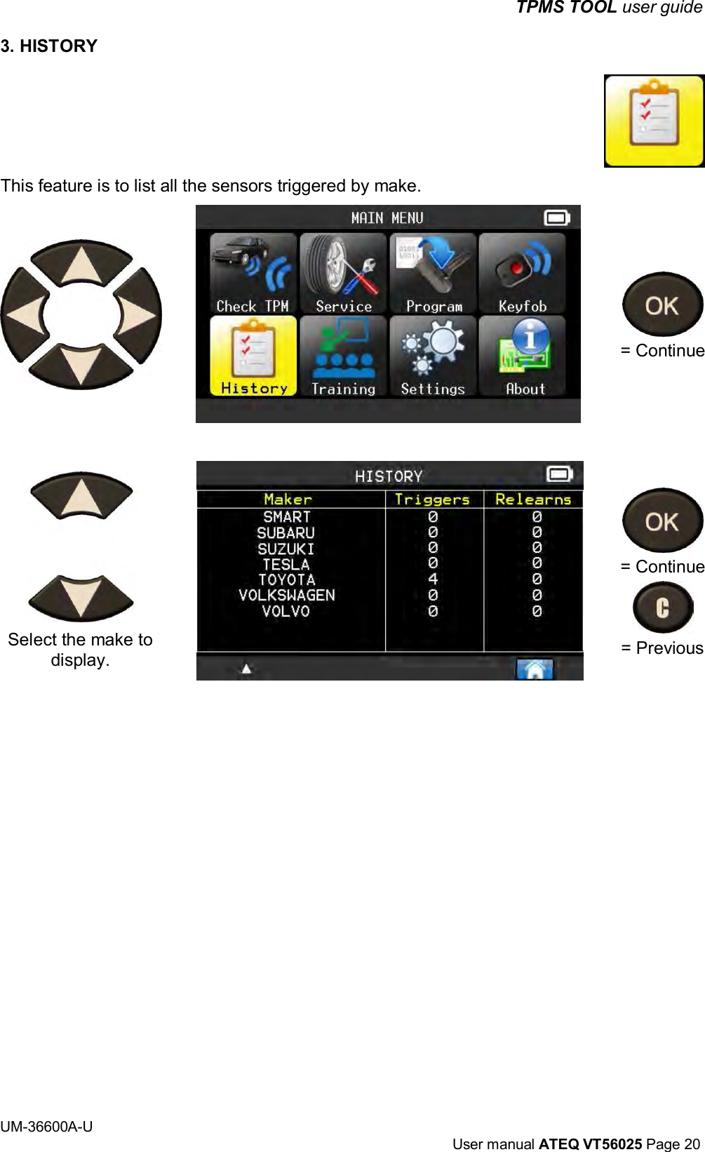 TPMS TOOL user guide UM-36600A-U User manual ATEQ VT56025 Page 20 3. HISTORY This feature is to list all the sensors triggered by make. Select the make to display. = Continue = Continue = Previous