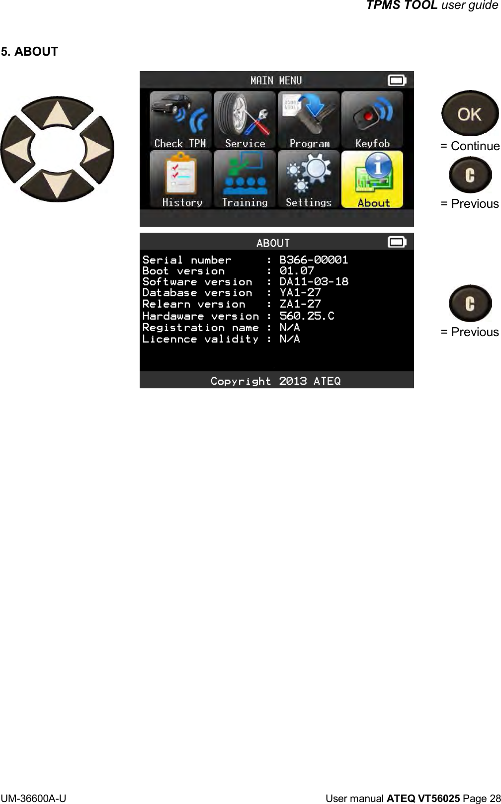 UM-36600A-U User manual ATEQ VT56025 Page 28 TPMS TOOL user guide 5. ABOUT = Continue = Previous = Previous