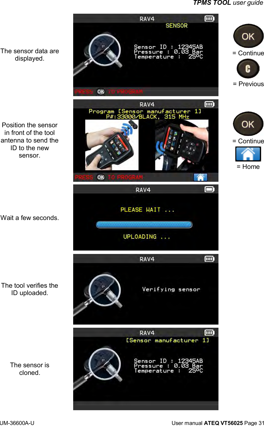 TPMS TOOL user guide UM-36600A-U User manual ATEQ VT56025 Page 31 The sensor data are displayed. Position the sensor in front of the tool antenna to send the ID to the new sensor. Wait a few seconds. The tool verifies the ID uploaded. The sensor is cloned. = Continue = Previous = Continue = Home