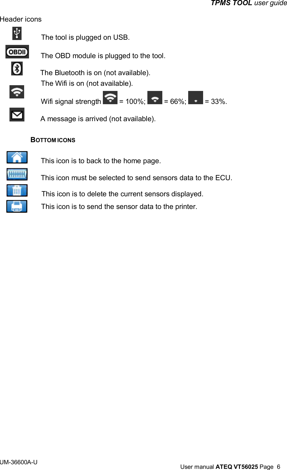 TPMS TOOL user guide UM-36600A-U User manual ATEQ VT56025 Page 6 Header icons The tool is plugged on USB. The OBD module is plugged to the tool. The Bluetooth is on (not available). The Wifi is on (not available). Wifi signal strength = 100%; = 66%; = 33%. A message is arrived (not available). BOTTOM ICONS This icon is to back to the home page. This icon must be selected to send sensors data to the ECU. This icon is to delete the current sensors displayed. This icon is to send the sensor data to the printer.