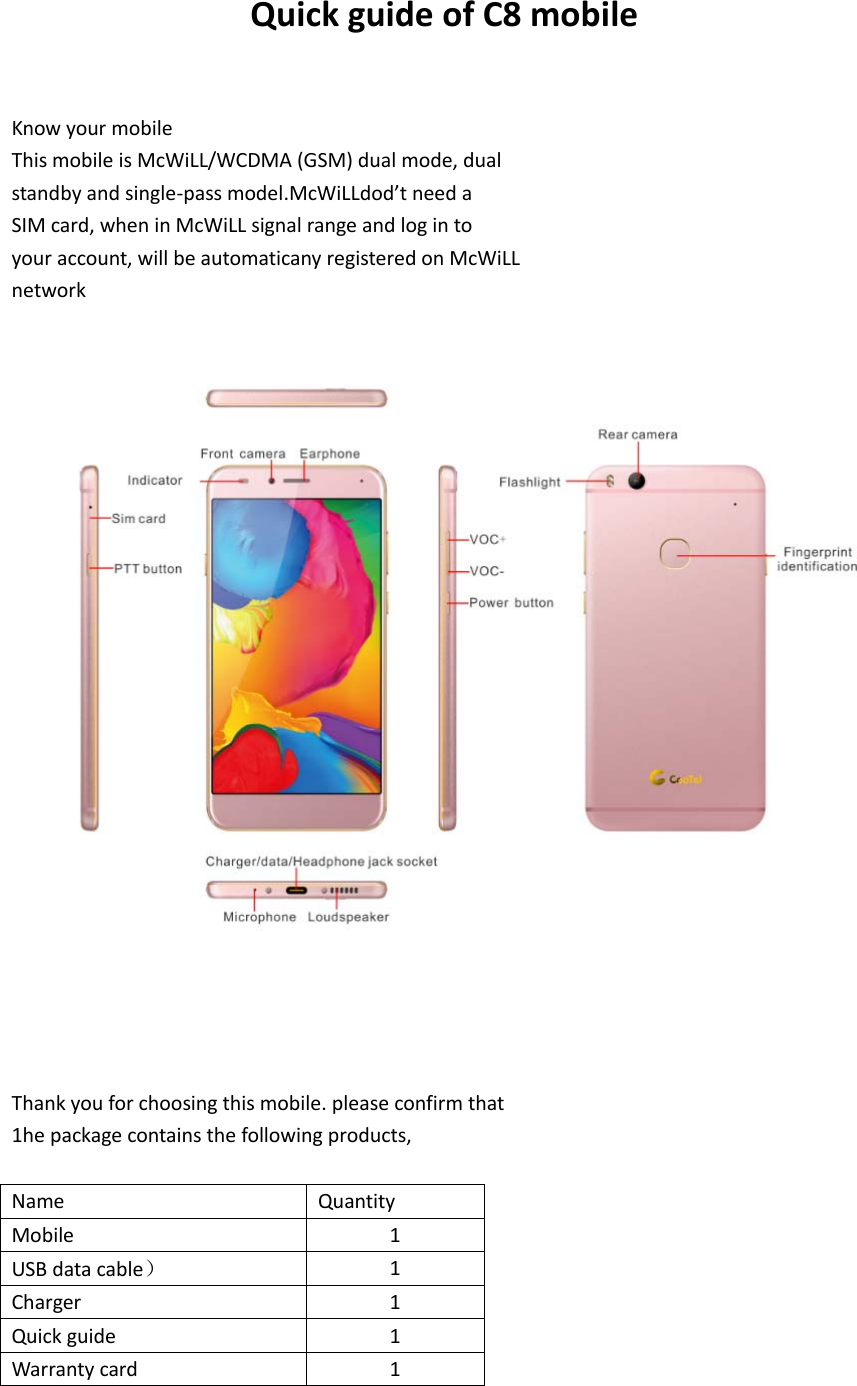  Quick guide of C8 mobile   Know your mobile This mobile is McWiLL/WCDMA (GSM) dual mode, dual standby and single-pass model.McWiLLdod’t need a SIM card, when in McWiLL signal range and log in to your account, will be automaticany registered on McWiLL network     Thank you for choosing this mobile. please confirm that 1he package contains the following products,  Name Quantity Mobile  1 USB data cable） 1 Charger  1 Quick guide  1 Warranty card  1 