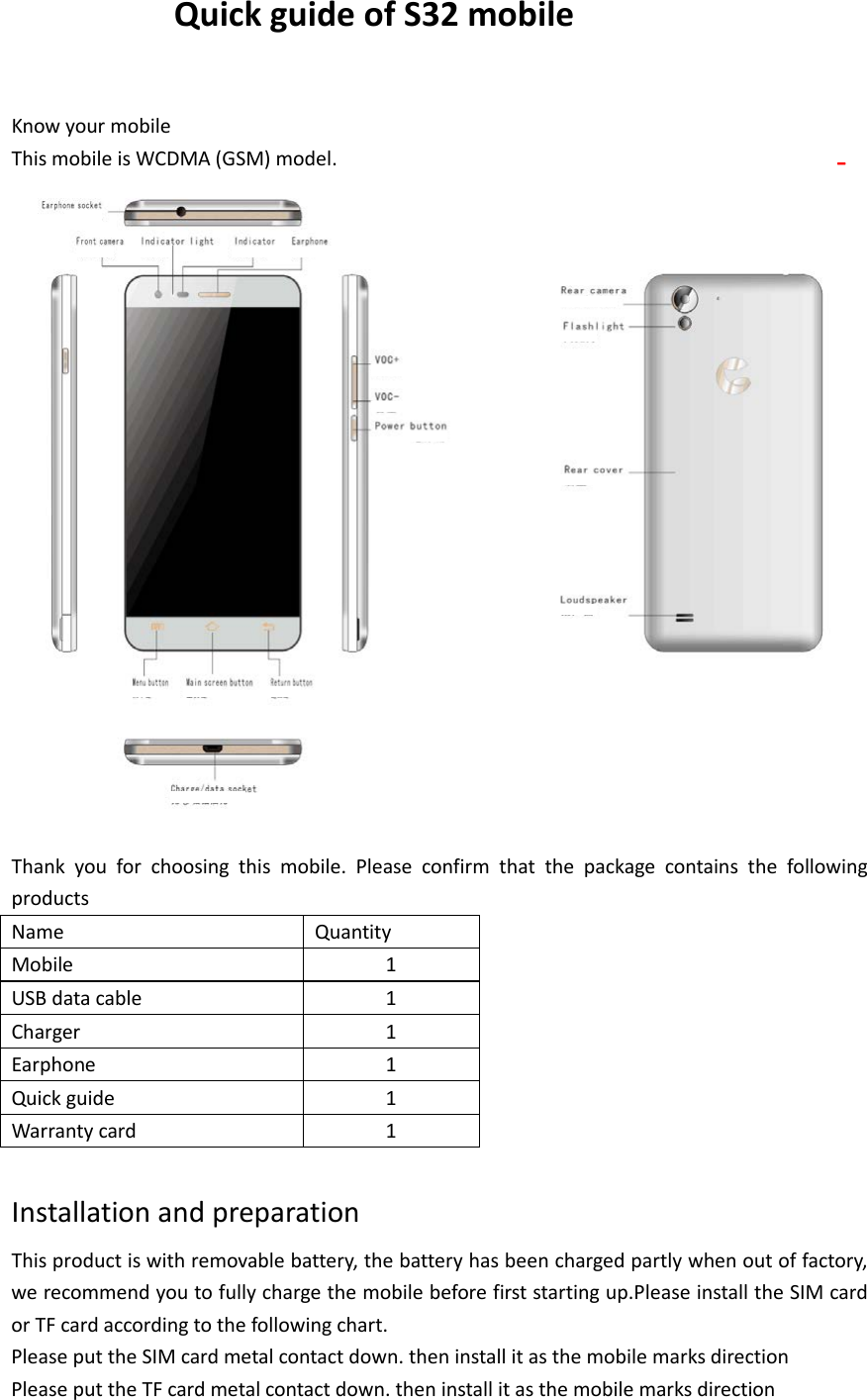                Quick guide of S32 mobile  Know your mobile This mobile is WCDMA (GSM) model.                                              -  Thank you for choosing this mobile. Please confirm that  the package contains the following products Name Quantity Mobile  1 USB data cable  1 Charger  1 Earphone  1 Quick guide  1 Warranty card  1  Installation and preparation This product is with removable battery, the battery has been charged partly when out of factory, we recommend you to fully charge the mobile before first starting up.Please install the SIM card or TF card according to the following chart. Please put the SIM card metal contact down. then install it as the mobile marks direction Please put the TF card metal contact down. then install it as the mobile marks direction 